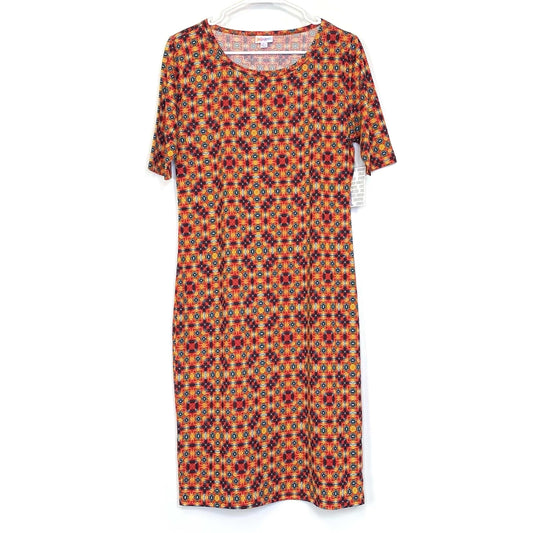 LuLaRoe Julia Bodycon Dress | L (12-14) | Red/Orange | Geometric | NWT