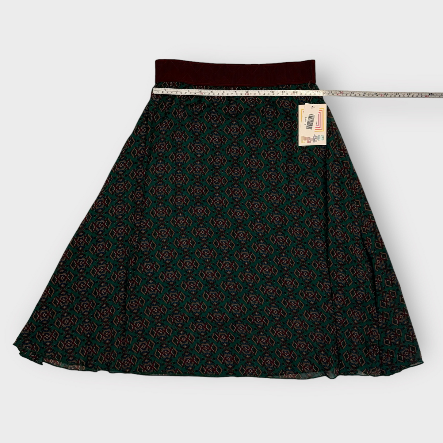 LuLaRoe Lined Lola Skirt | S | Brick Red/Green Geometric | NWT