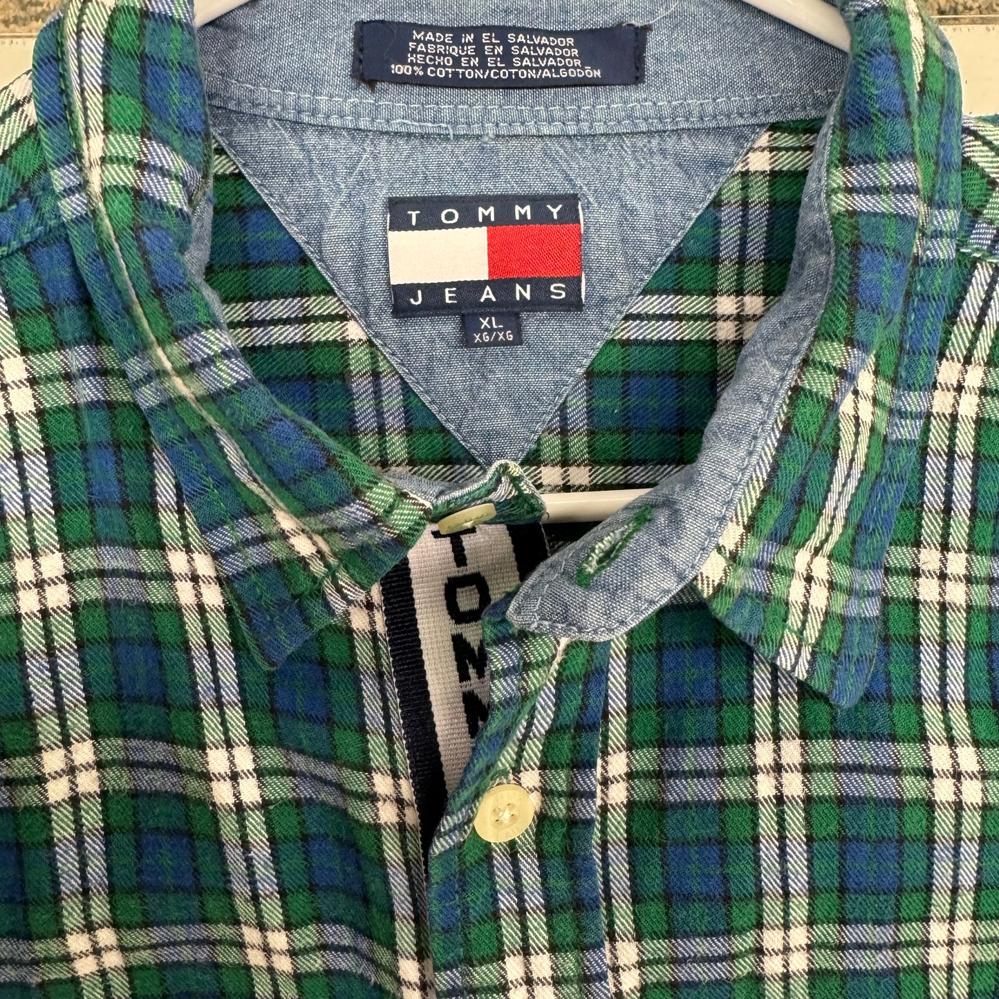 Tommy Jeans Men's Green/Blue Plaid Flannel Shirt - Size XL