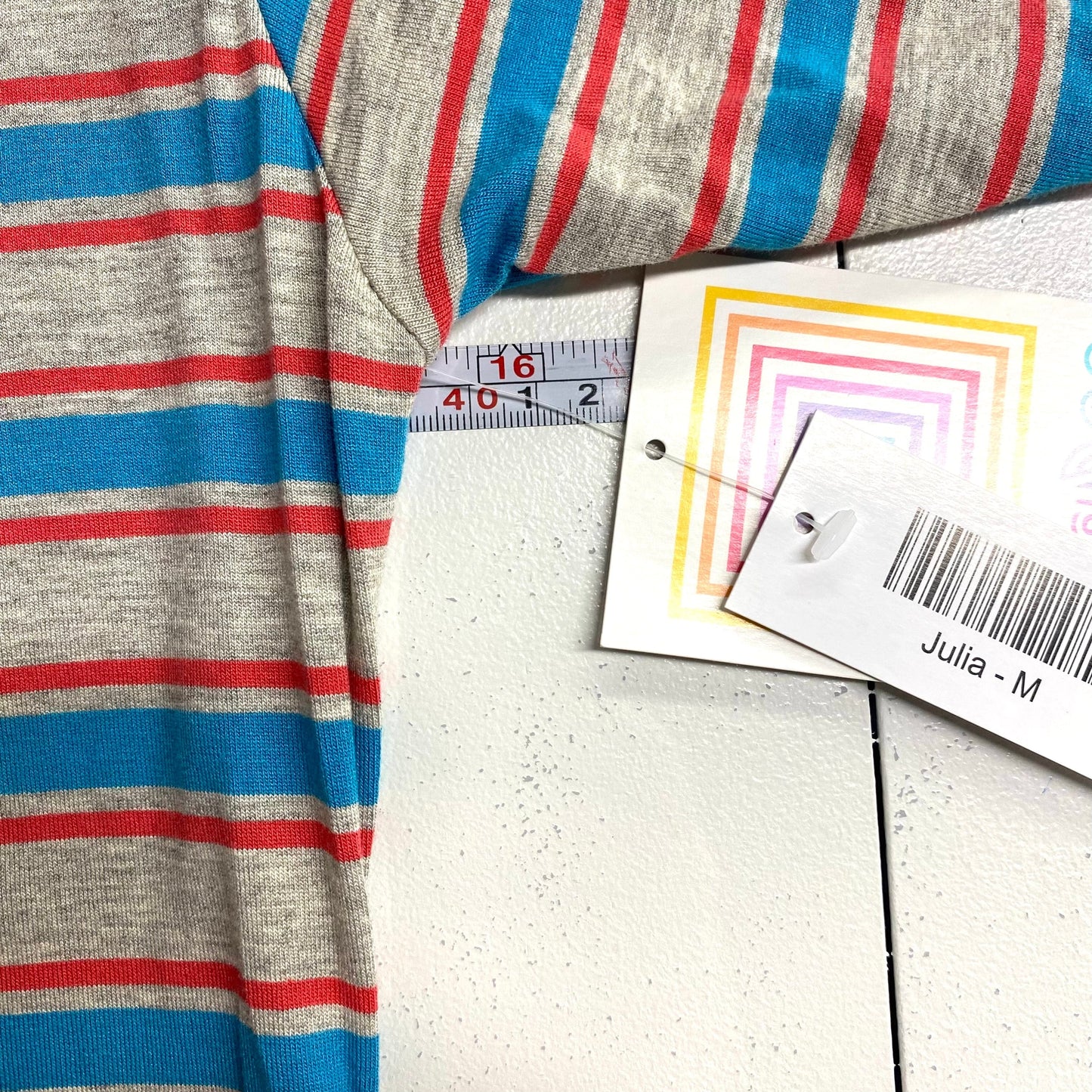 LuLaRoe Julia Bodycon Dress | M (8-10) | Gray/Blue/Red | Striped | NWT