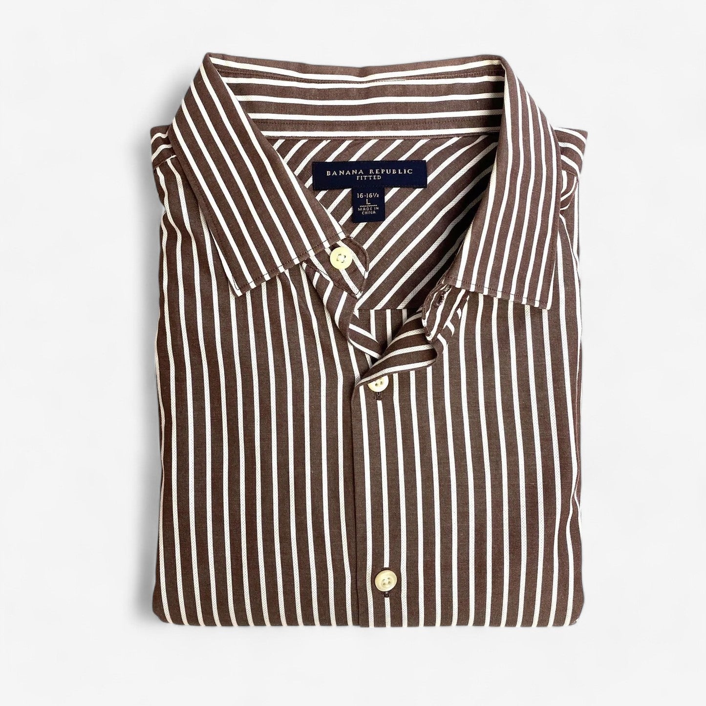 Banana Republic Men's Fitted Brown & White Striped French Cuff Dress Shirt - Size L