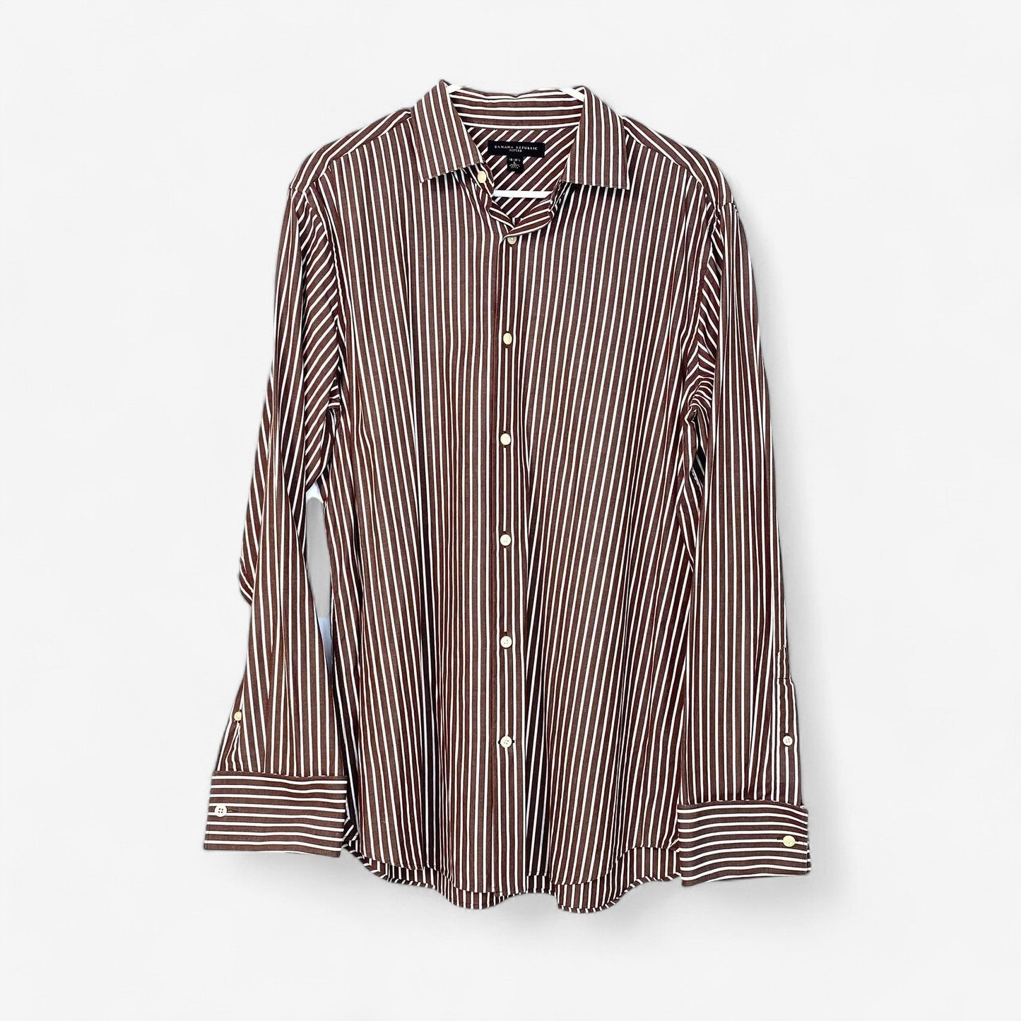 Banana Republic Men's Fitted Brown & White Striped French Cuff Dress Shirt - Size L