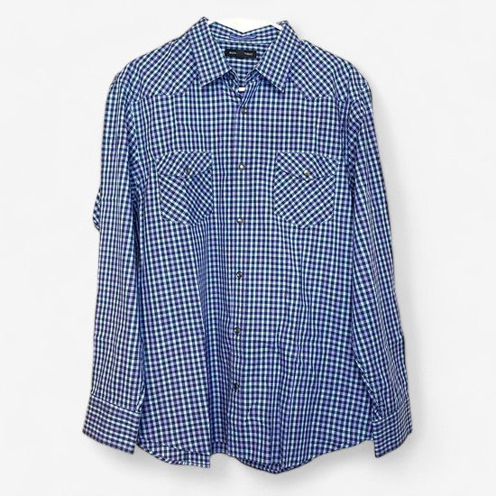 Banana Republic Men's Blue and Purple Box Check Long Sleeve Western Shirt - Size L