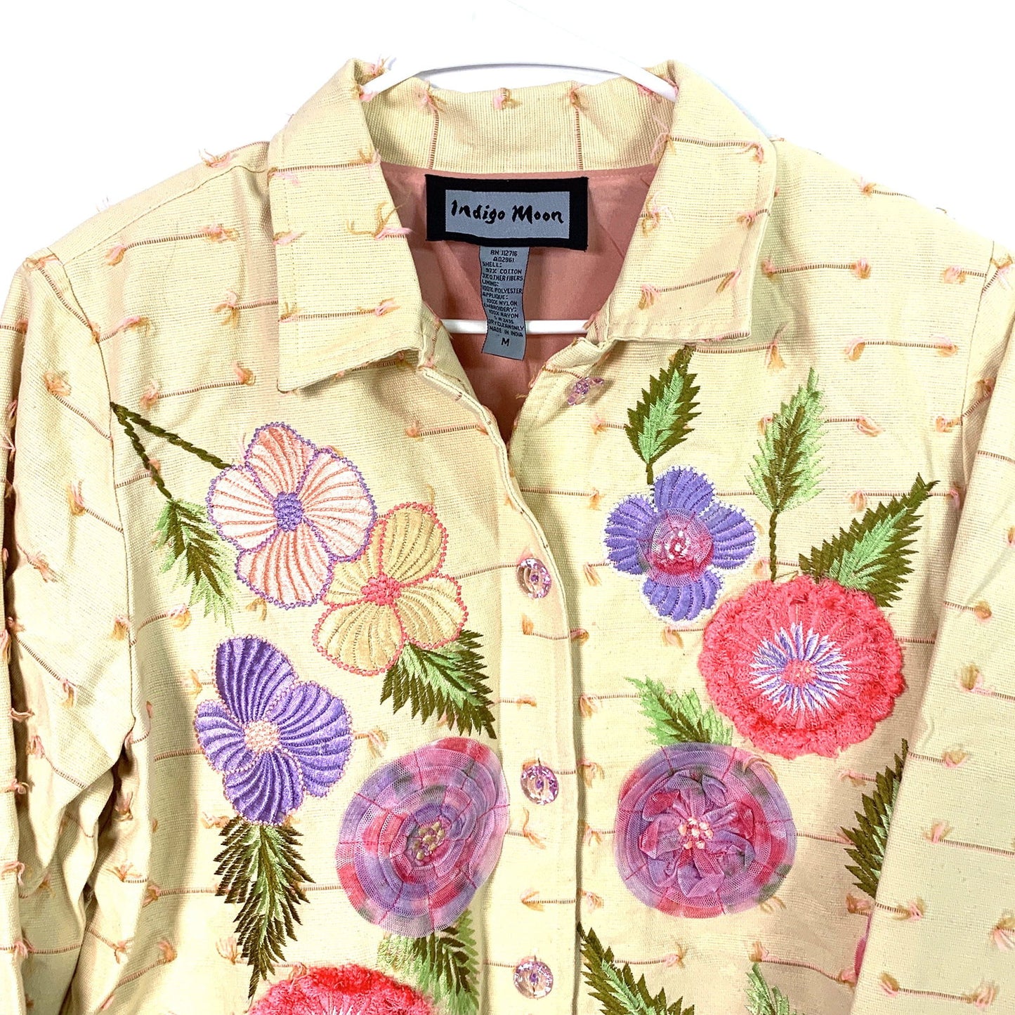 Beautiful Indigo Moon Womens Embroidered & Embellished Button-Up Jacket Size Medium Floral Yellow - | Buy at Parsimony Shoppes