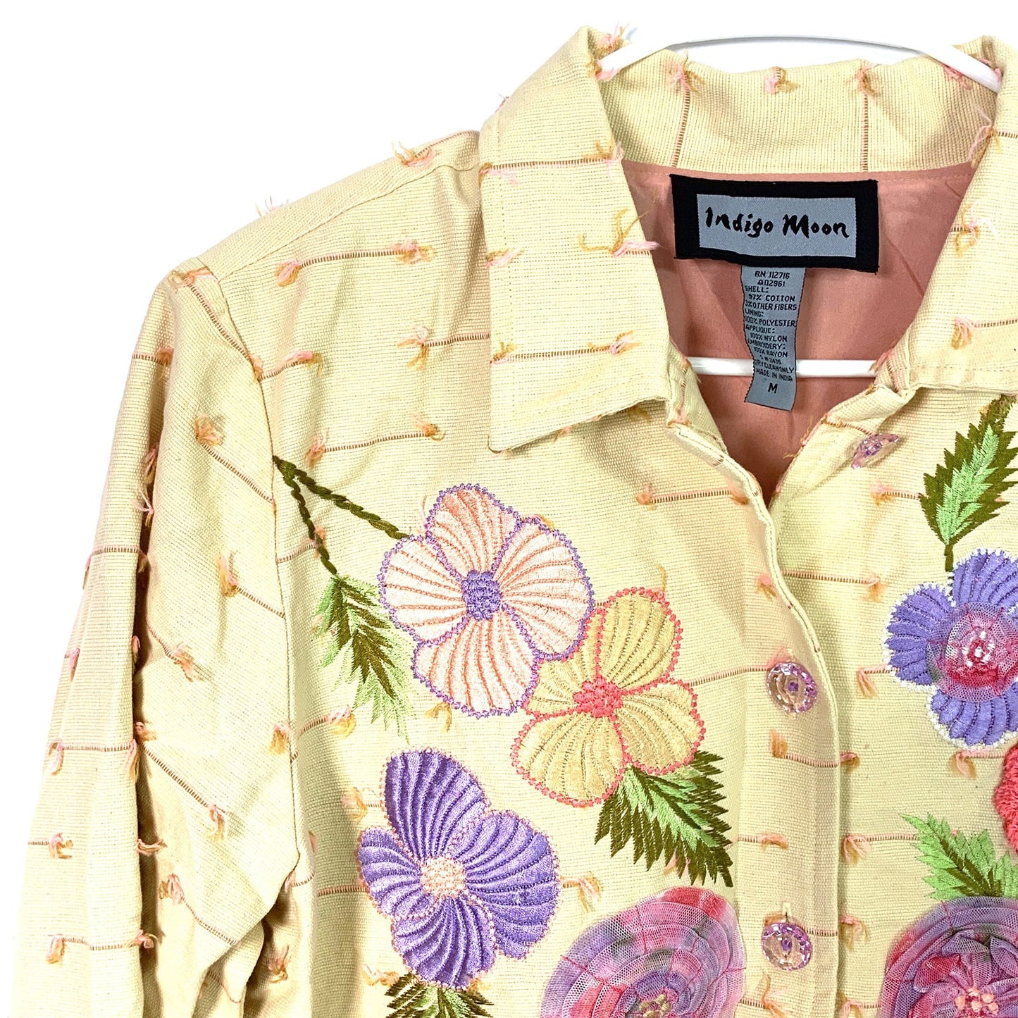 Beautiful Indigo Moon Womens Embroidered & Embellished Button-Up Jacket Size Medium Floral Yellow - | Buy at Parsimony Shoppes