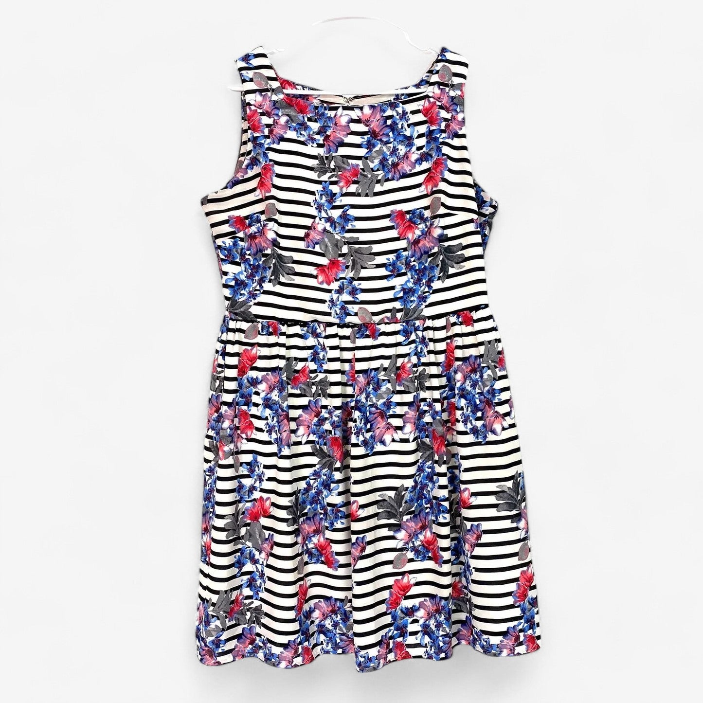 Women's Striped Floral Print Sleeveless Fit & Flare Tea-Length Dress - Size L - Beige by ECI