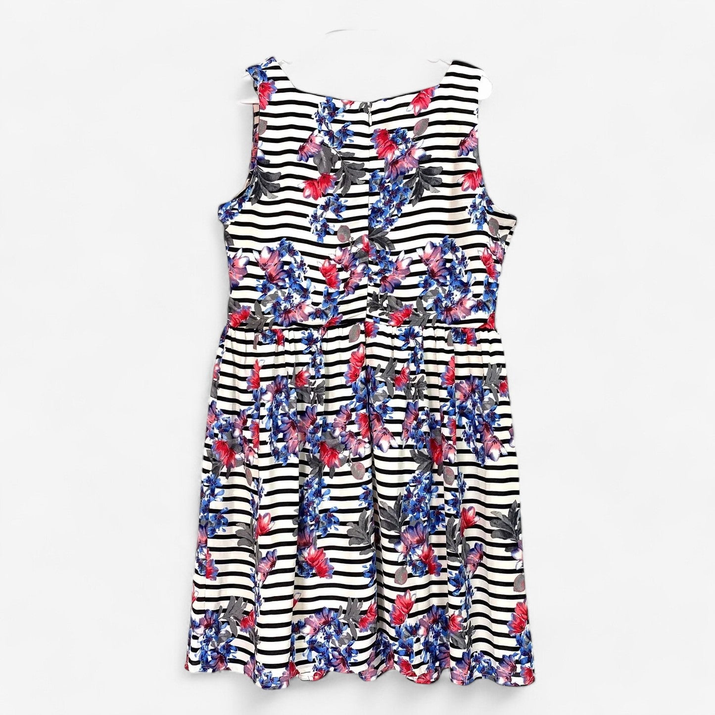 Women's Striped Floral Print Sleeveless Fit & Flare Tea-Length Dress - Size L - Beige by ECI