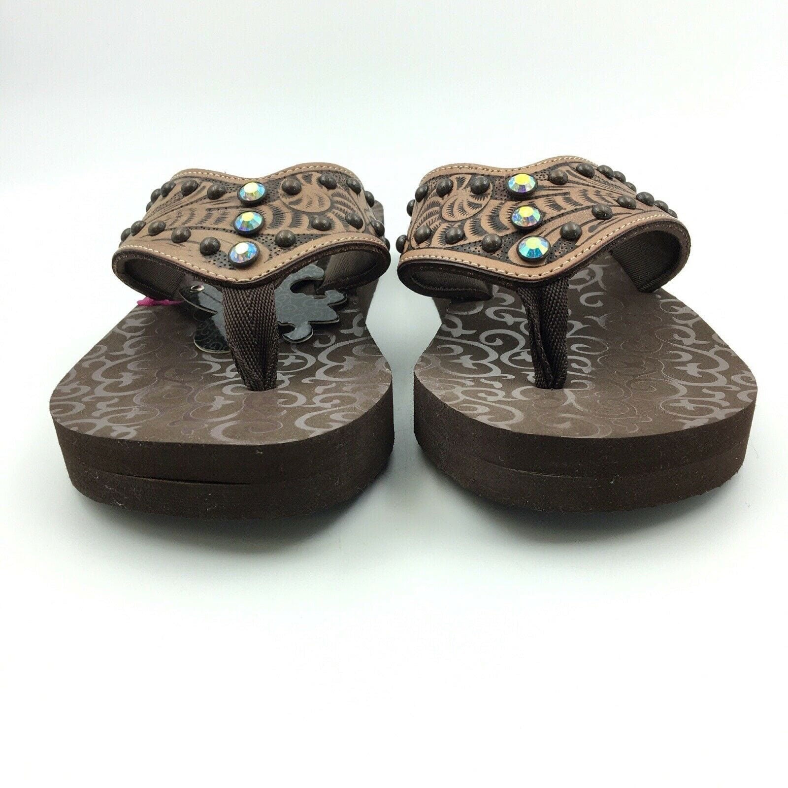 Blazin Roxx Women Size 6 ‘Montana’ Brown Tooled Leather Flip Flops Thongs #4119602 -  | Buy at Parsimony Shoppes