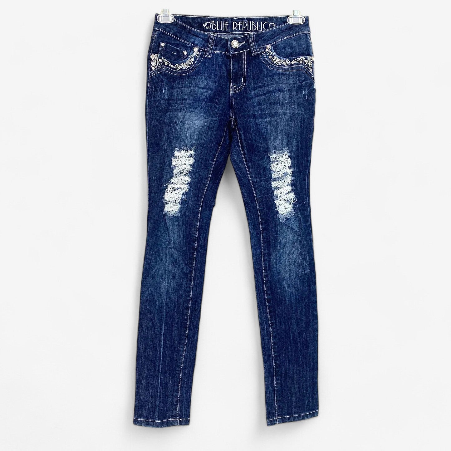 Blue Republic Women's Juniors Distressed Blue Denim Jeans - Size 7 - Straight Leg