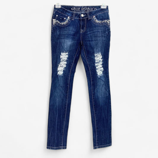 Blue Republic Women's Juniors Distressed Blue Denim Jeans - Size 7 - Straight Leg