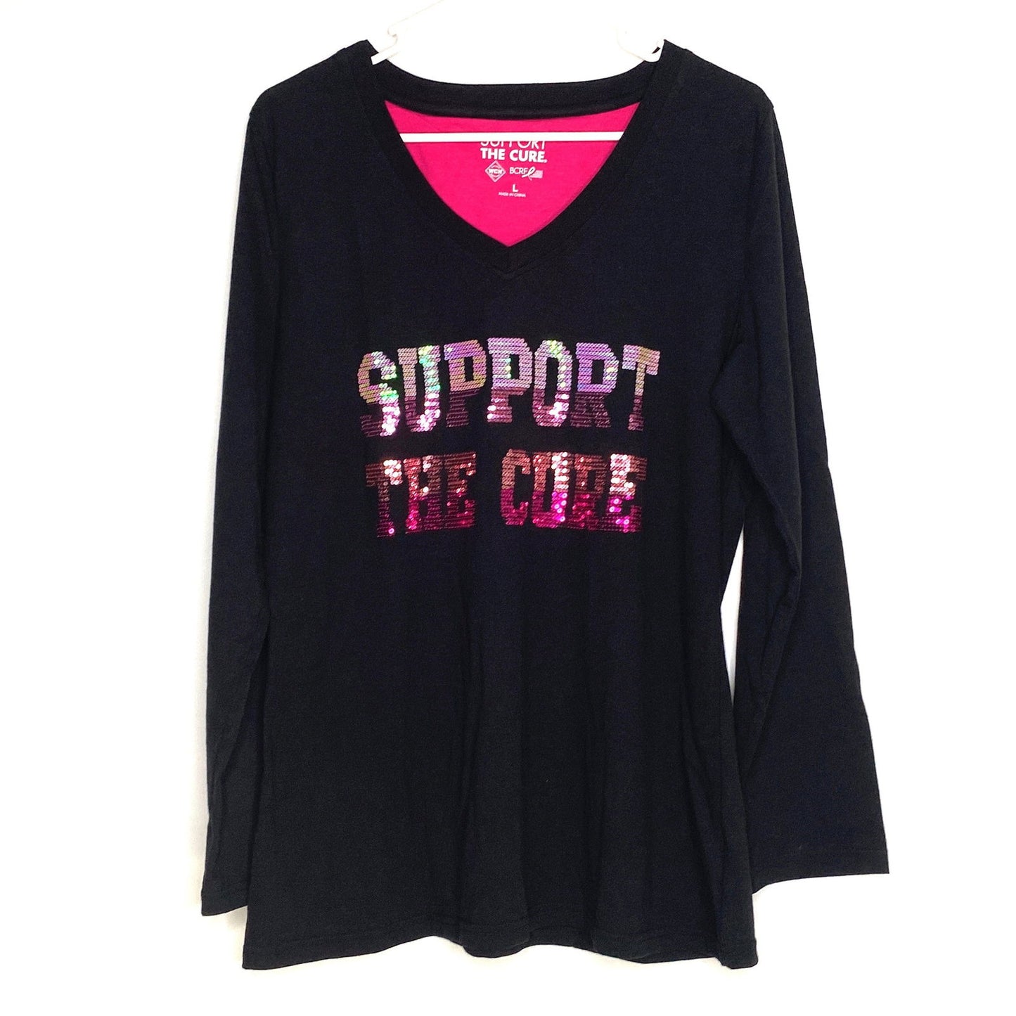 Breast Cancer Awareness Womens Size L Black V-Neck T-Shirt “Support the Cure” Sequined L/s - | Buy at Parsimony Shoppes