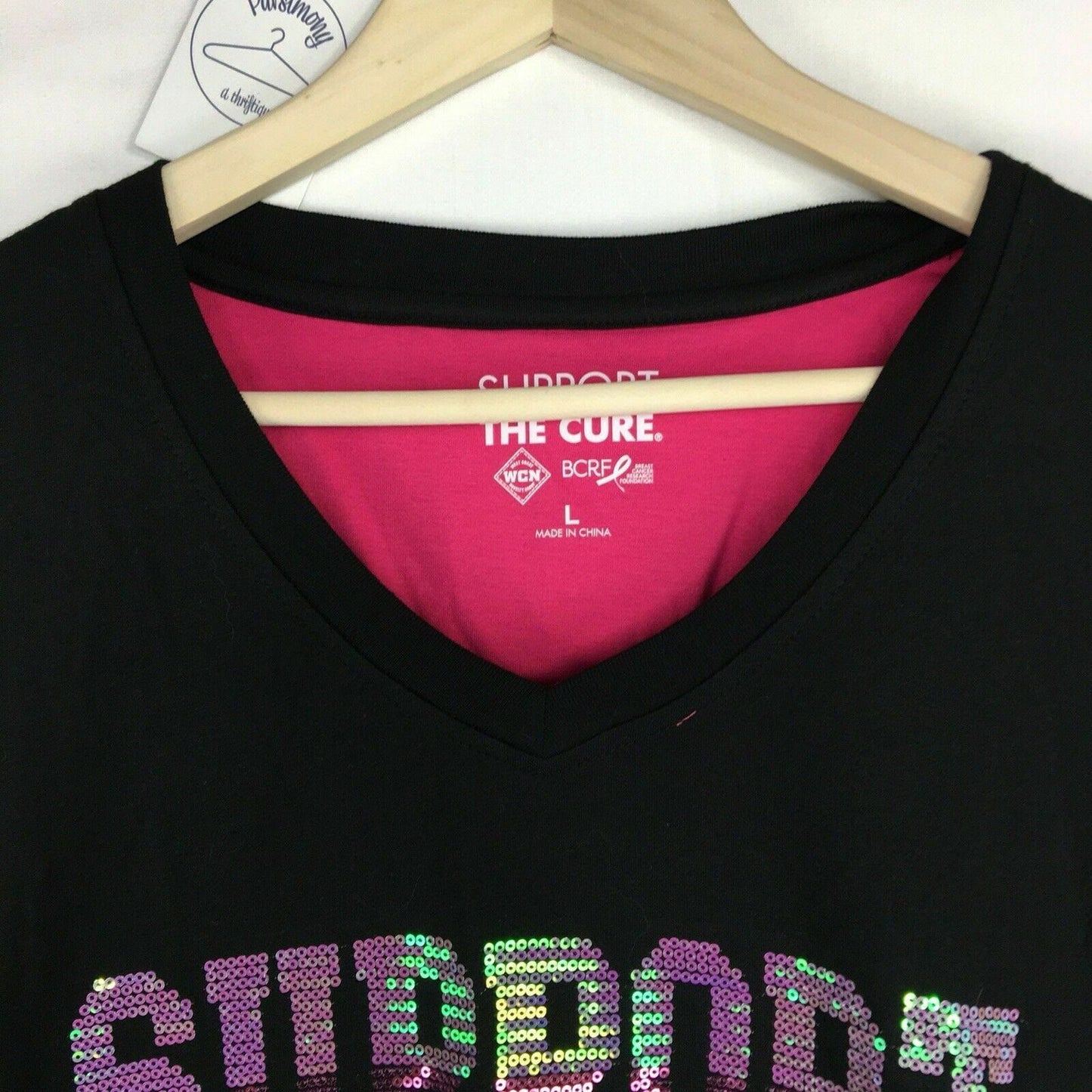 Breast Cancer Awareness Womens Size L Black V-Neck T-Shirt “Support the Cure” Sequined L/s - | Buy at Parsimony Shoppes
