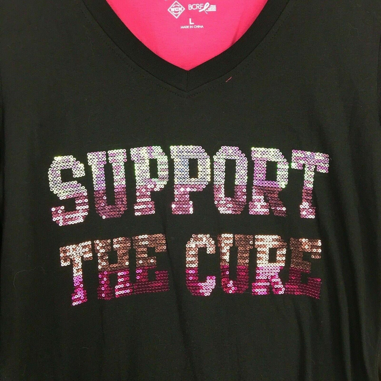 Breast Cancer Awareness Womens Size L Black V-Neck T-Shirt “Support the Cure” Sequined L/s - | Buy at Parsimony Shoppes