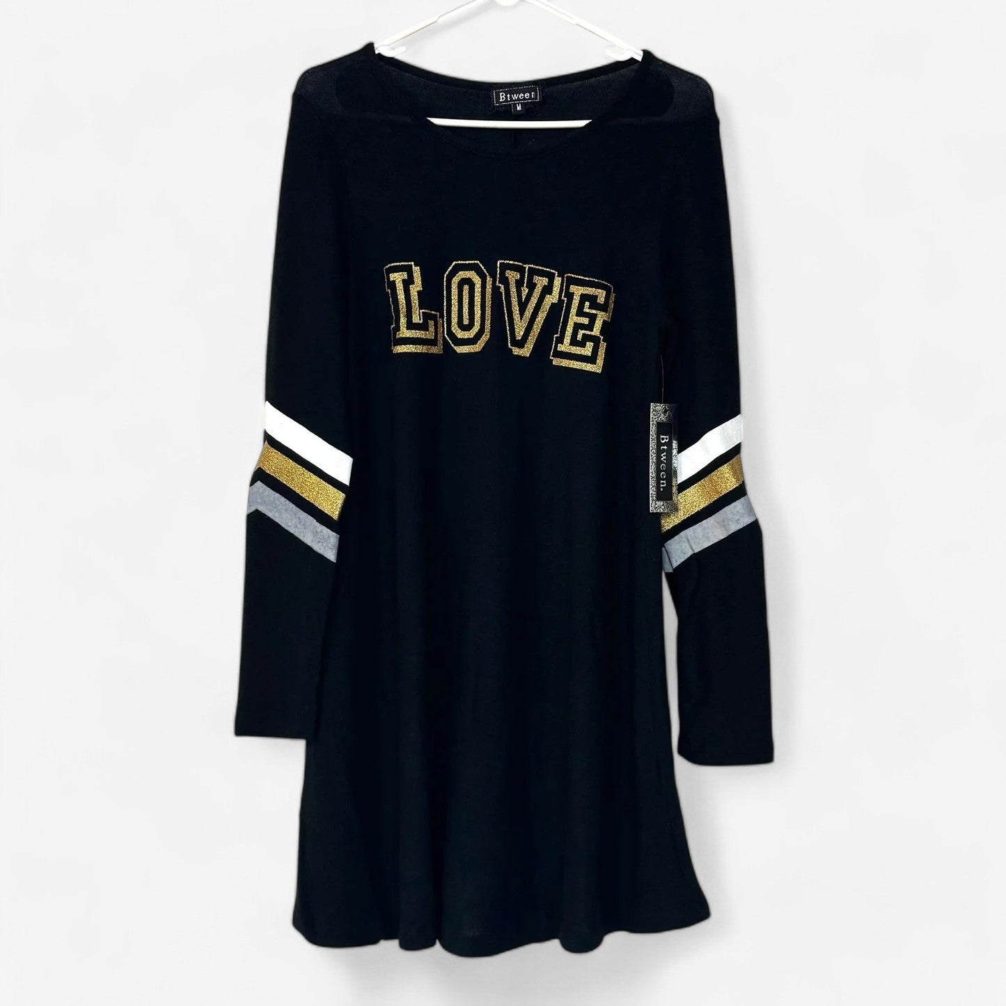 Btween Juniors' Black Glitter 'Love' Striped Sweater Dress - Size M - NWT