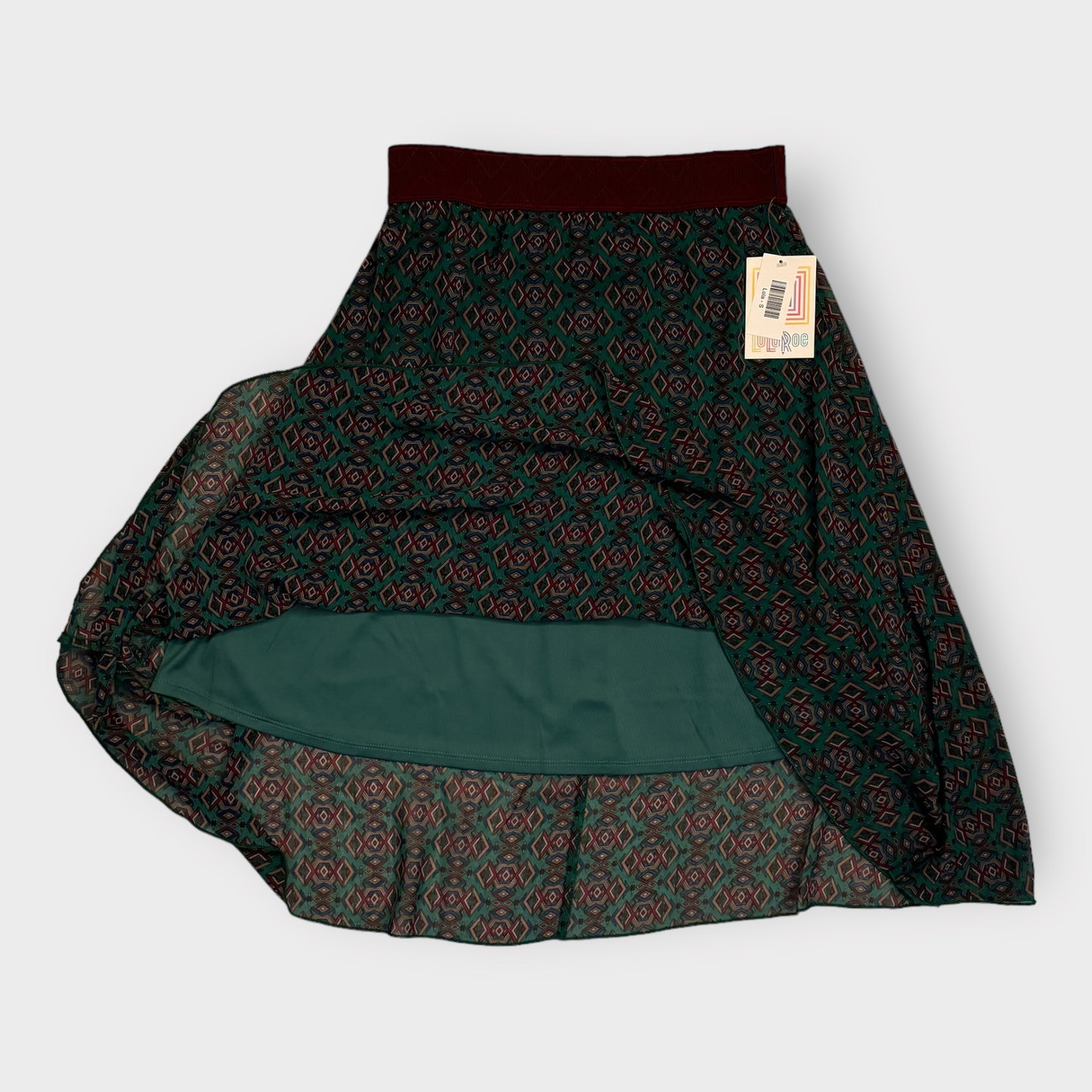 LuLaRoe Lined Lola Skirt | S | Brick Red/Green Geometric | NWT