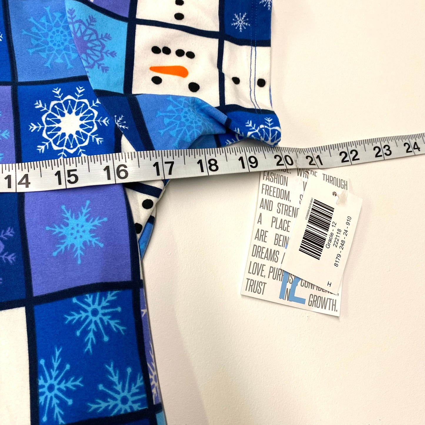 LuLaRoe Kids Unisex 12 Blue/White Snowman/Snowflakes ‘Gracie’ S/s Top NWT