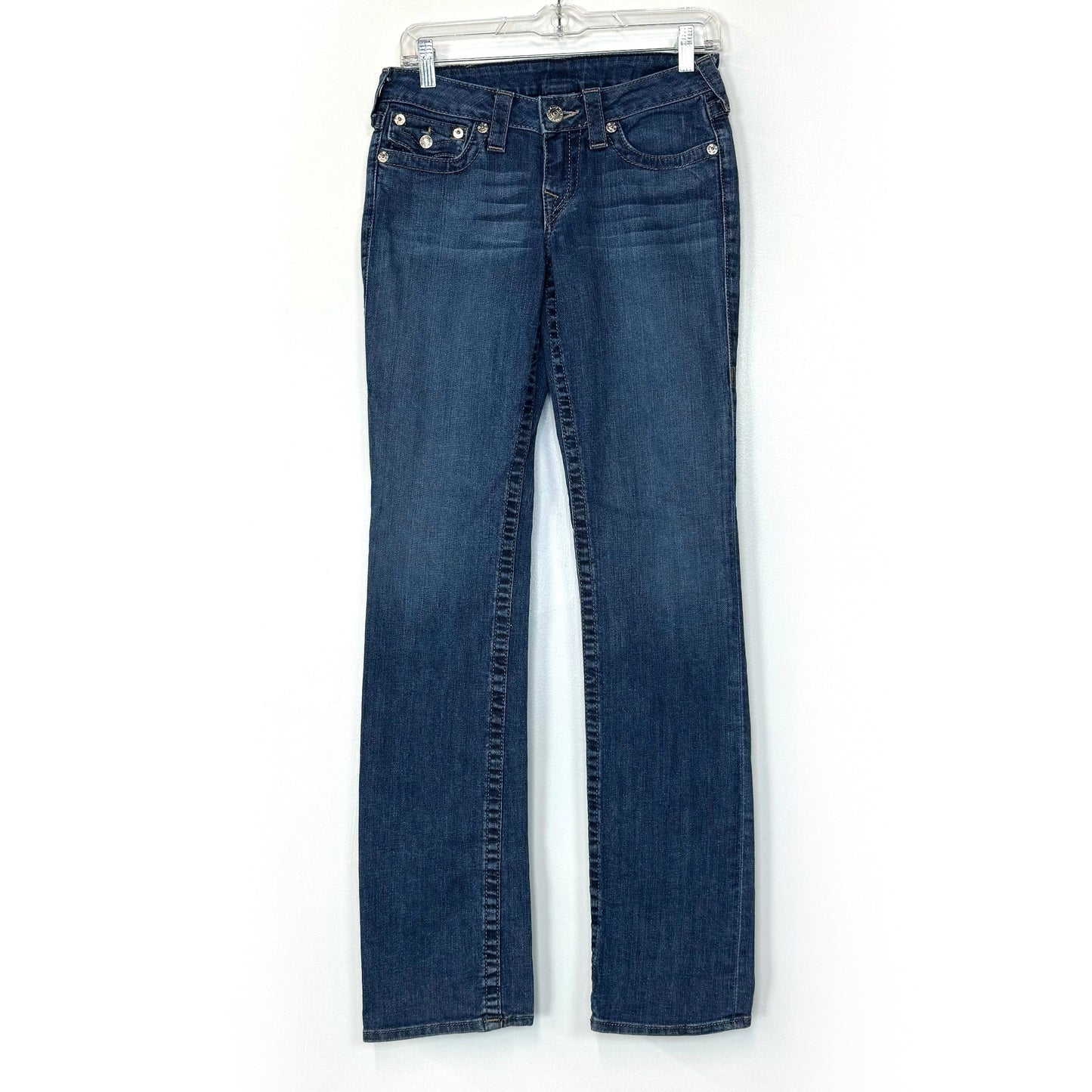 True Religion Straight Denim Embroidered Pocket Jeans – Machine Washable Comfort for Women – Available in Blue, Size 27