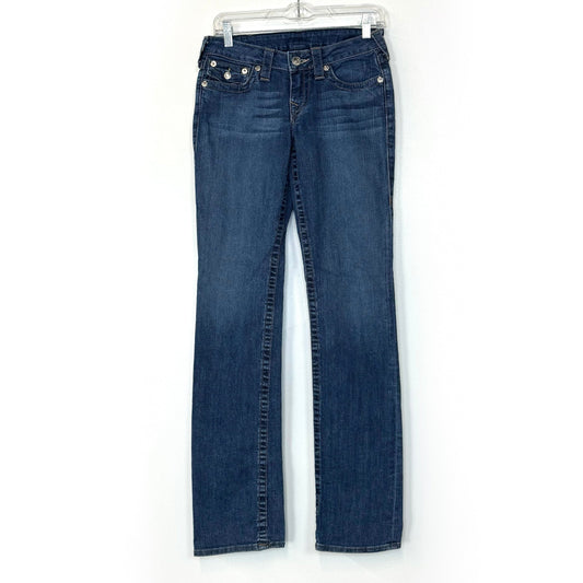 True Religion Straight Denim Embroidered Pocket Jeans – Machine Washable Comfort for Women – Available in Blue, Size 27