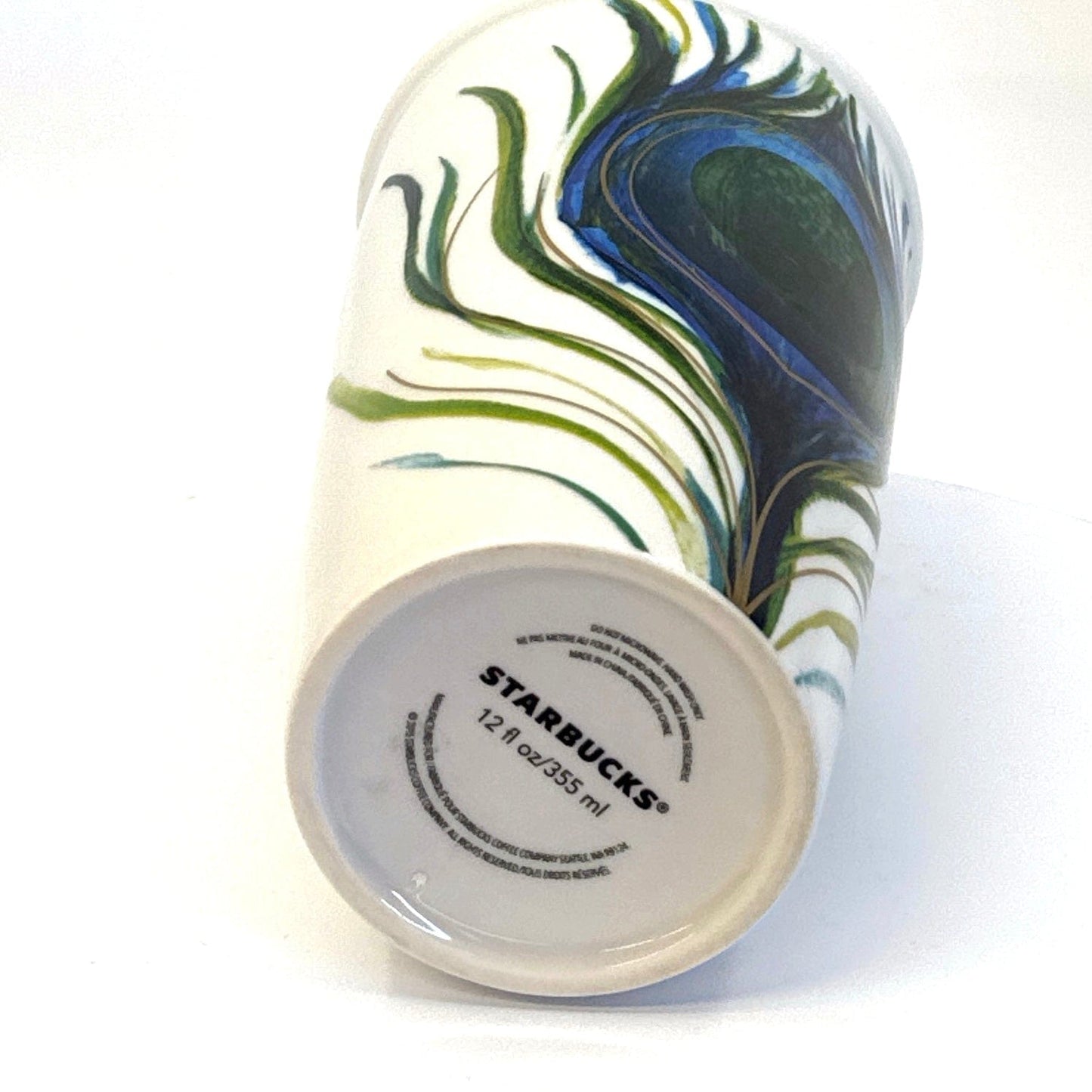 Starbucks | 2015 Ceramic Peacock Feather Mug w/Lid | Color: White/Blue | Size: 12 fl oz | RARE