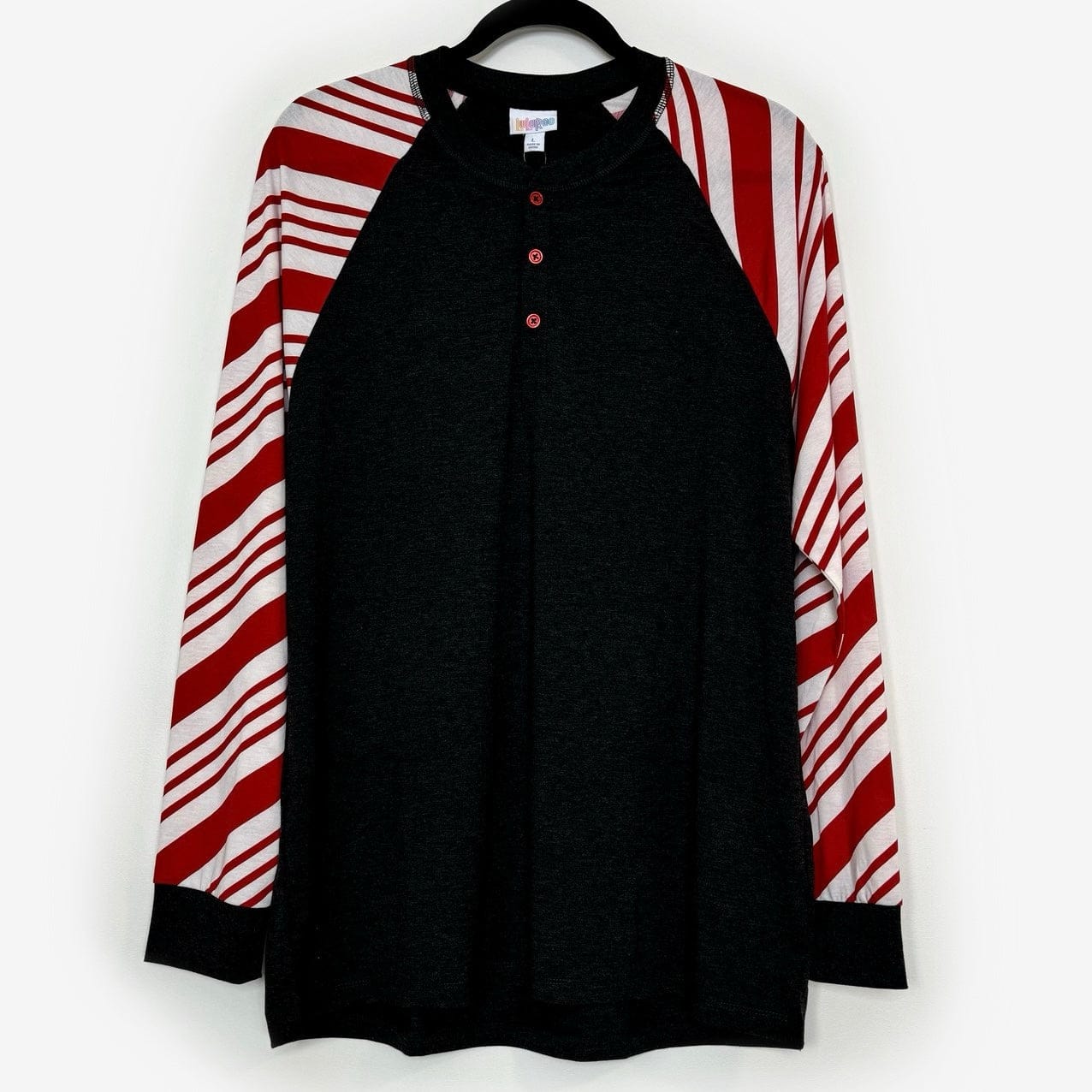 LuLaRoe Vault | MARK L/s Henley Top | Size: L | Gray/red/white | Heathered/Striped | NWT