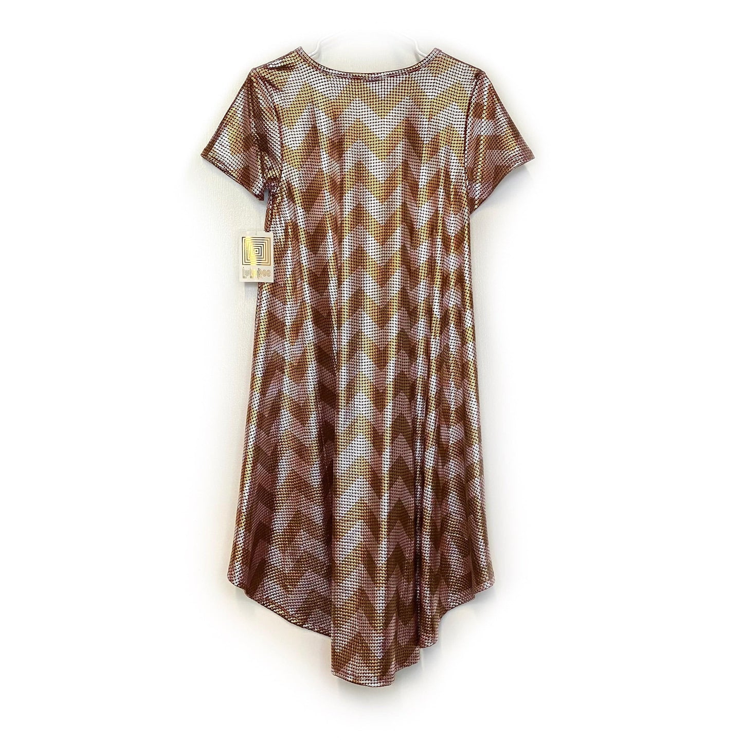 LuLaRoe Womens XS Red/Silver/Gold Metallic Chevron ELEGANT 'Carly' S/s Swing Dress NWT