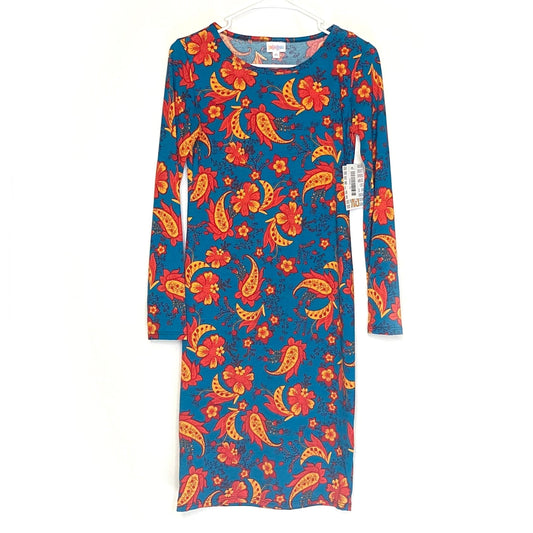 LuLaRoe Womens XS Debbie Orange/Red/Blue Paisley/Floral Dress NWT
