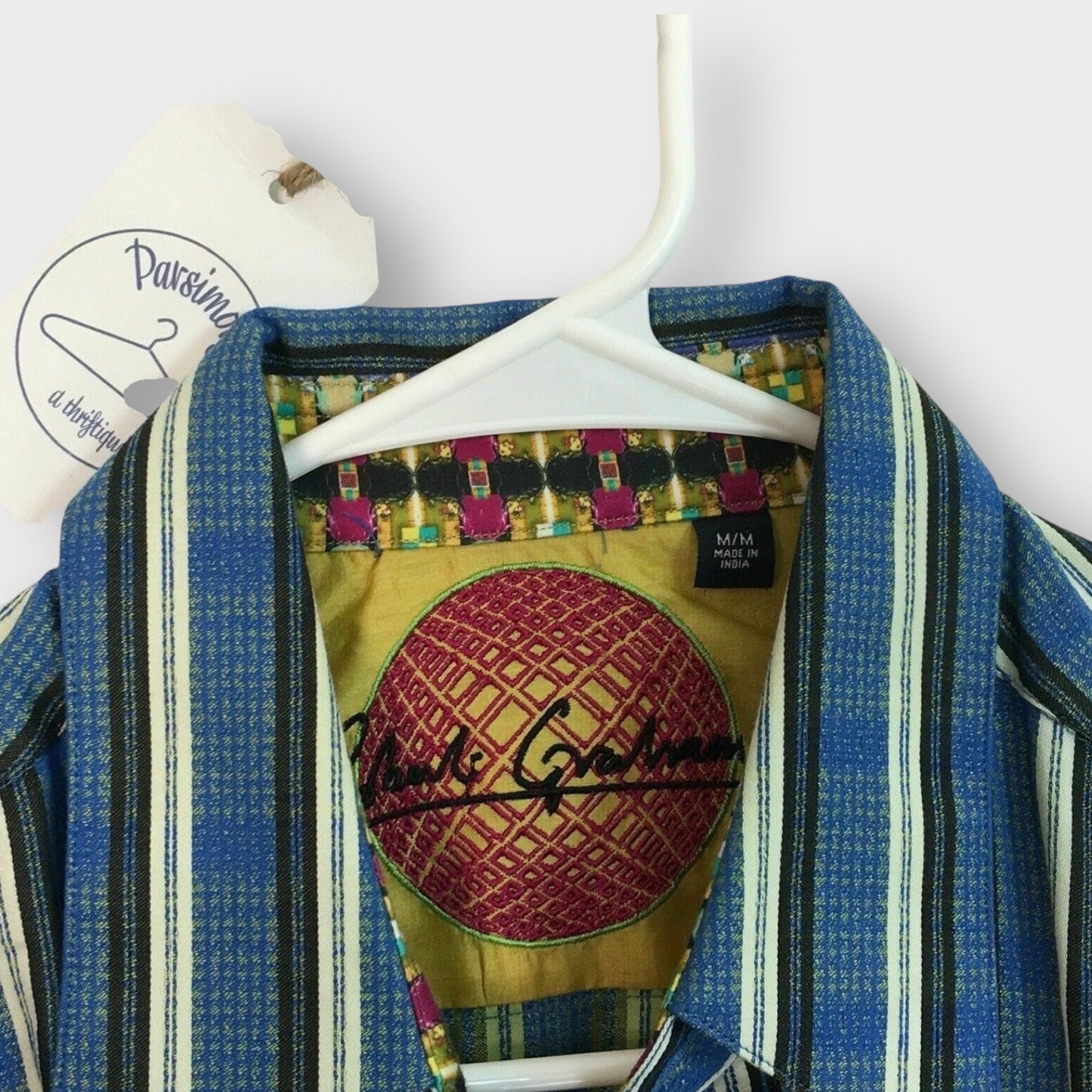 Robert Graham Men's Blue Multi-Stripe Button-Up Shirt with French Cuffs - Silk Trim - Size M