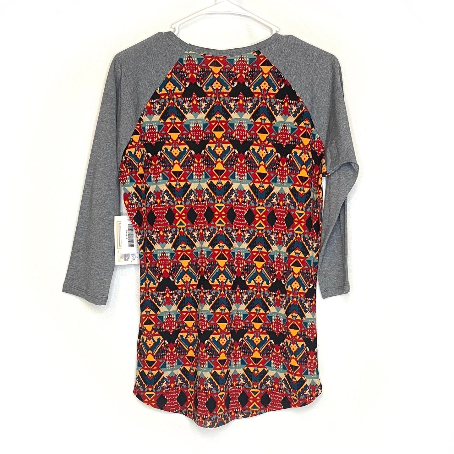 LuLaRoe Unisex S Gray/Red/Orange Randy Geometric Raglan Top ¾ Sleeves NWT