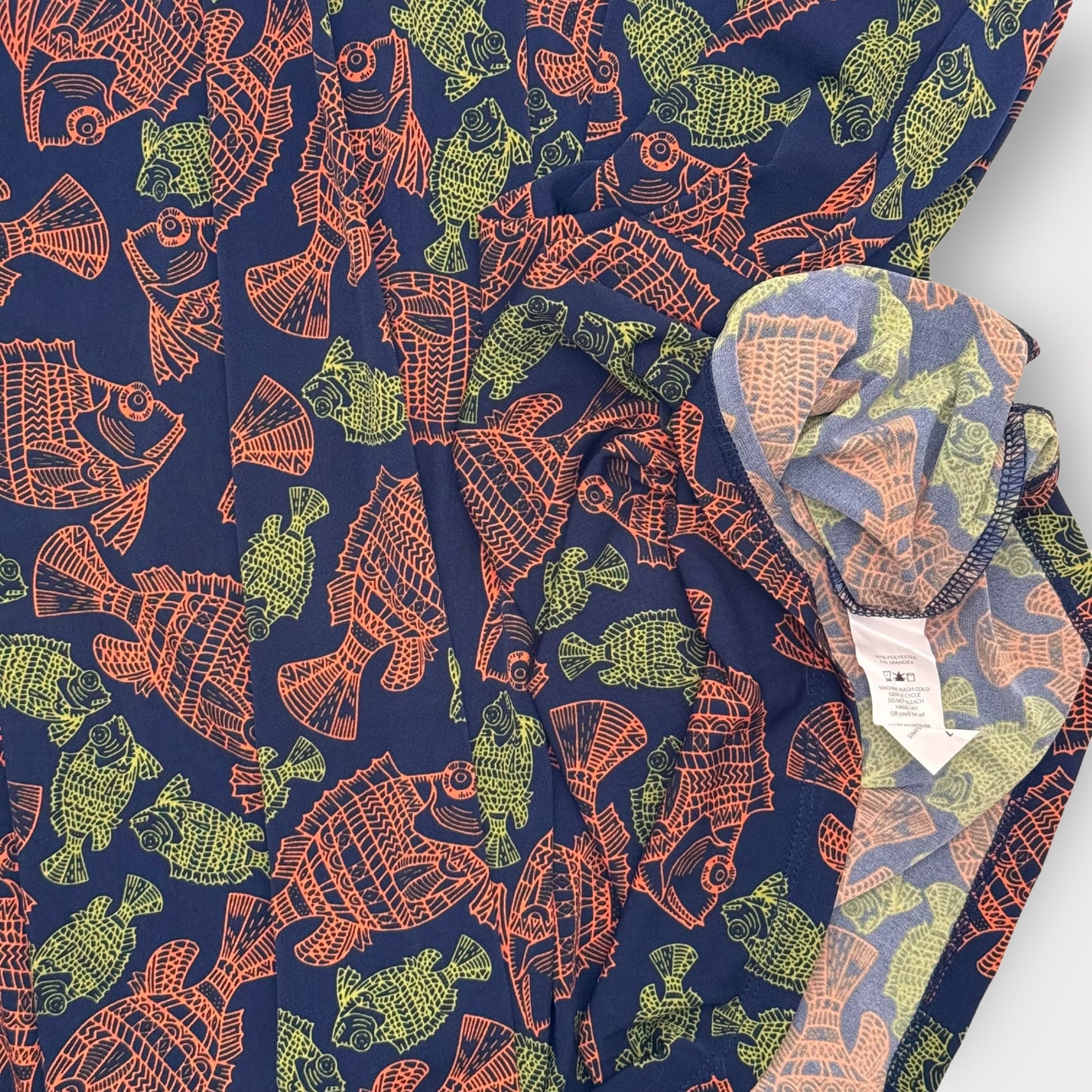 LuLaRoe Madison Pleated Skirt w/Pockets | L (14-16) | Navy/Aqua/Orange Fish | NWT