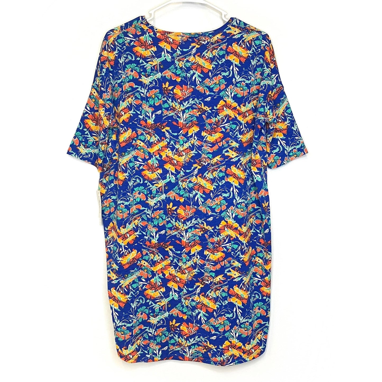 LuLaRoe Womens S Irma Blue/Yellow/orange Chevron/Botanical S/s Tunic Top NWT