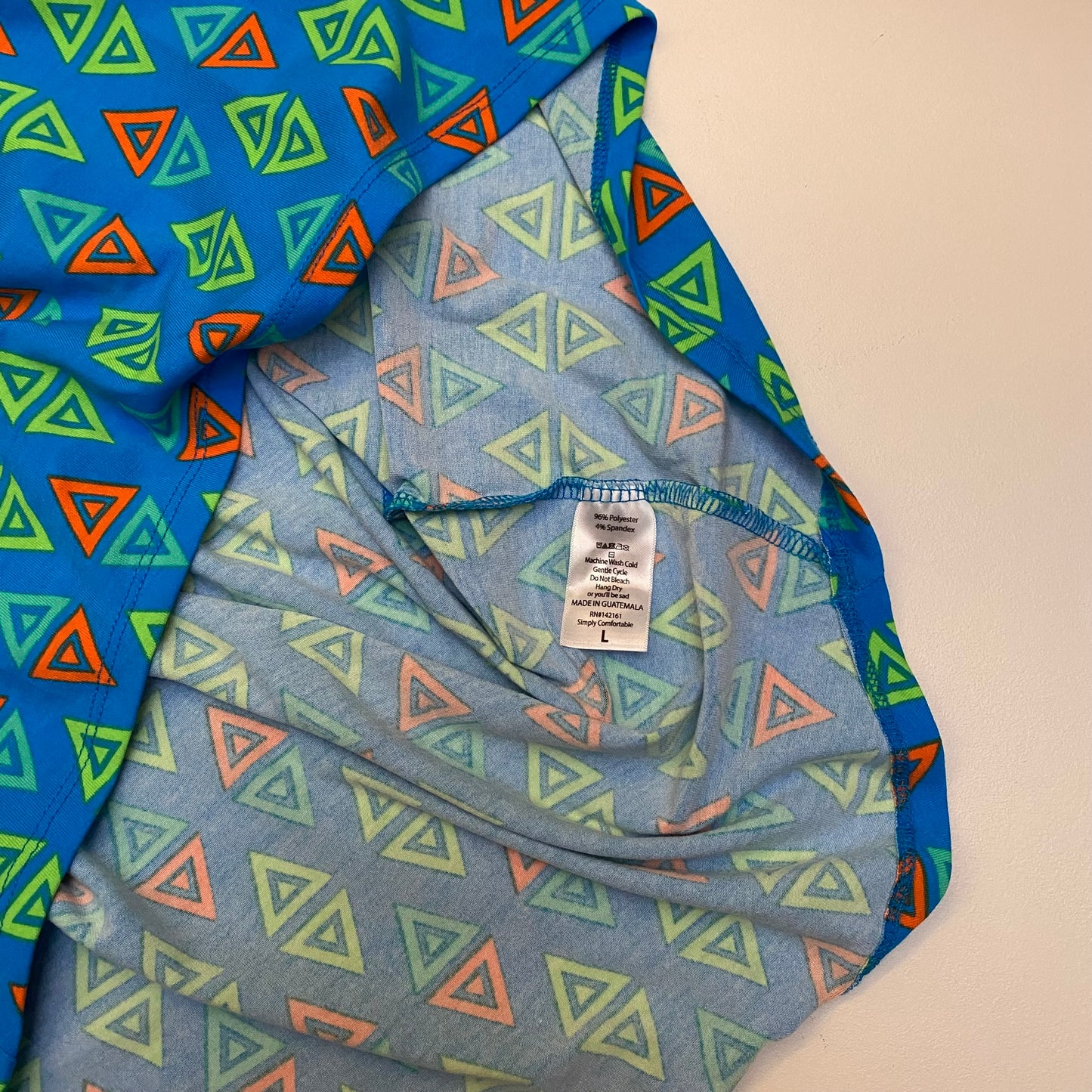 LuLaRoe Irma High-Low S/s Tunic | L (14-16) | Blue/Green/Orange Triangles | NWT