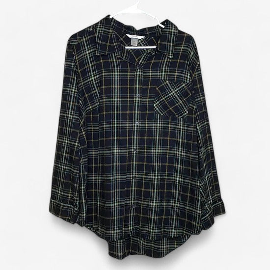 CJ Banks Women's Dark Green Plaid Button-Up Long Sleeve Shirt - Size 2X