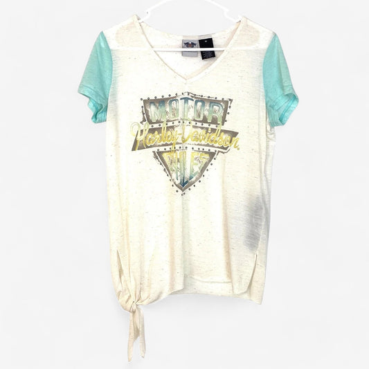 Harley-Davidson Womens V-Neck T-Shirt Graphic Studded Tied Waist Pre-Owned M Multicolor