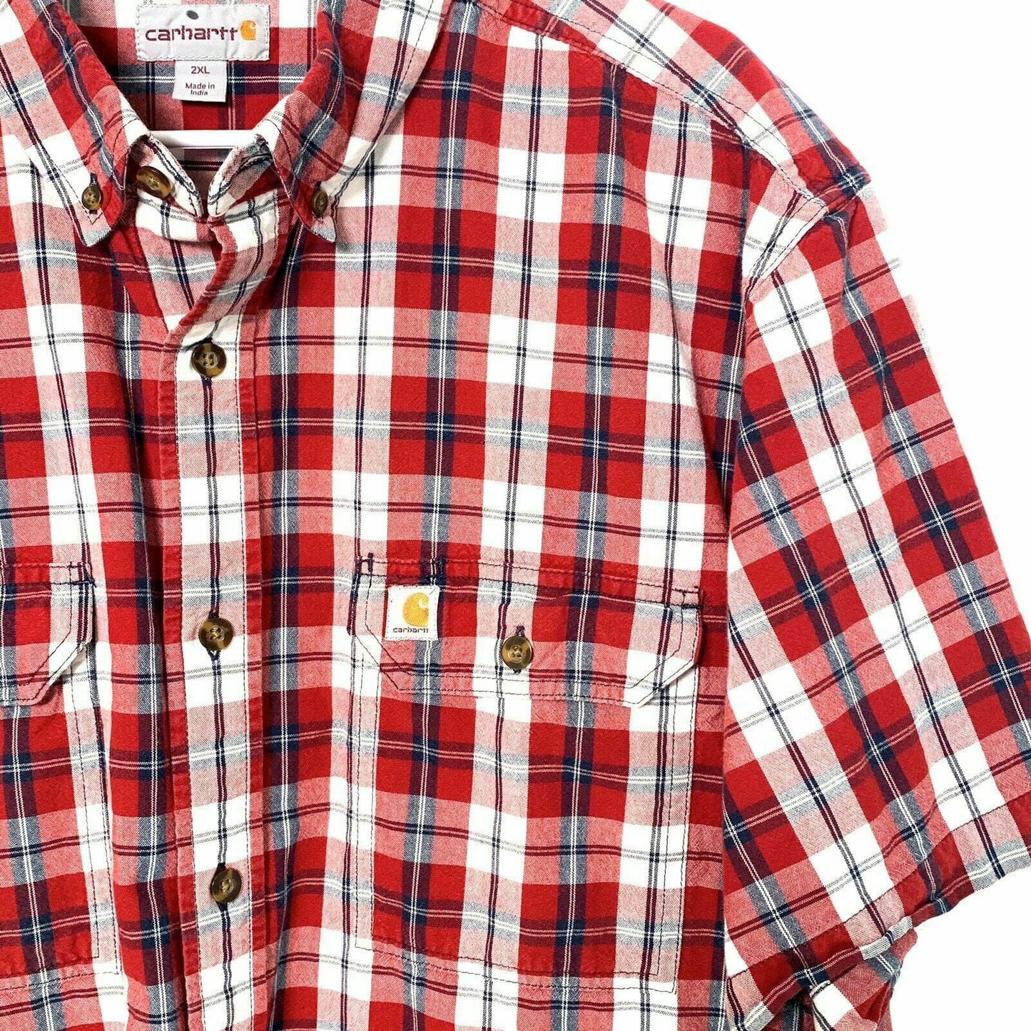 Carhartt Shirt Mens 2XL XXL Button Up Short Sleeve Plaid 90s Red White Relaxed - | Buy at Parsimony Shoppes