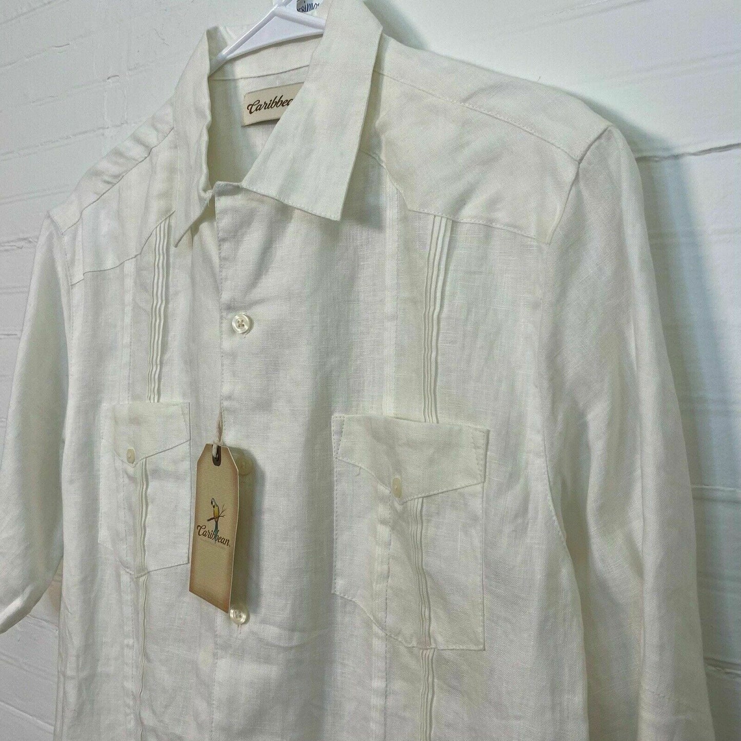 Caribbean Mens Size S Ivory White Linen Hawaiian Shirt Button-Up S/s NWT - | Buy at Parsimony Shoppes