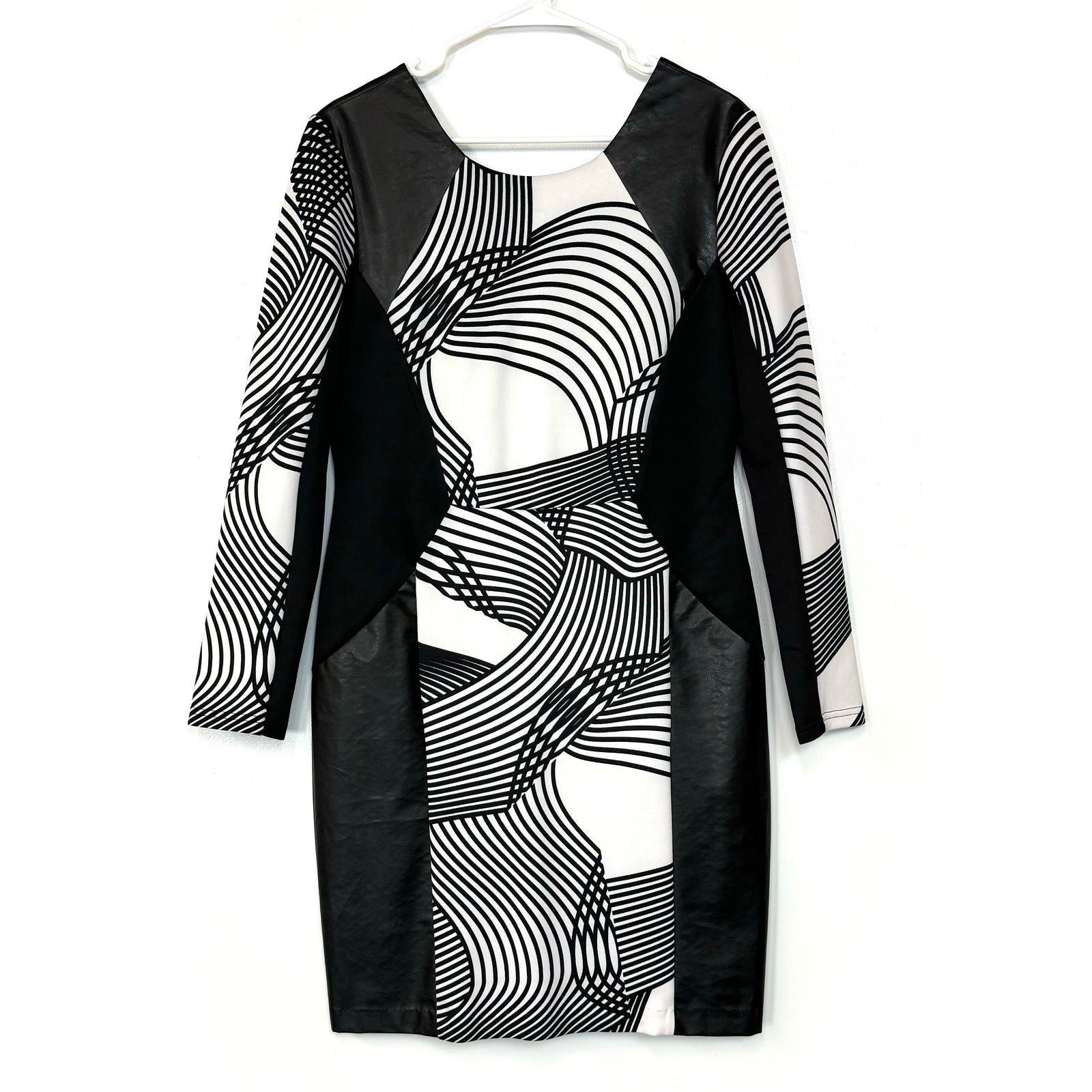 Cato | Womens L/s PU Leather Geometric Dress | Color: Black/White Cato | Womens L/s PU Leather Geometric Dress | Color: Black/White