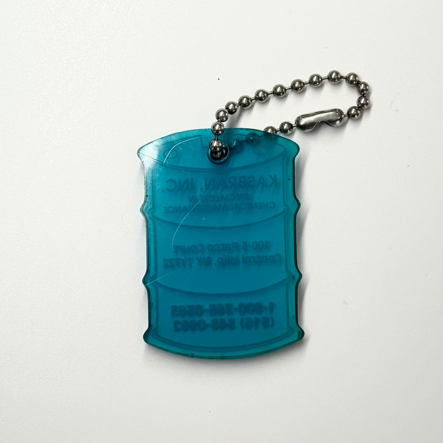 Central Islip, NY ‘Kasbran Chemical’ Keychain Key Ring | Rubber Barrel Blue | Pre-Owned - | Buy at Parsimony Shoppes