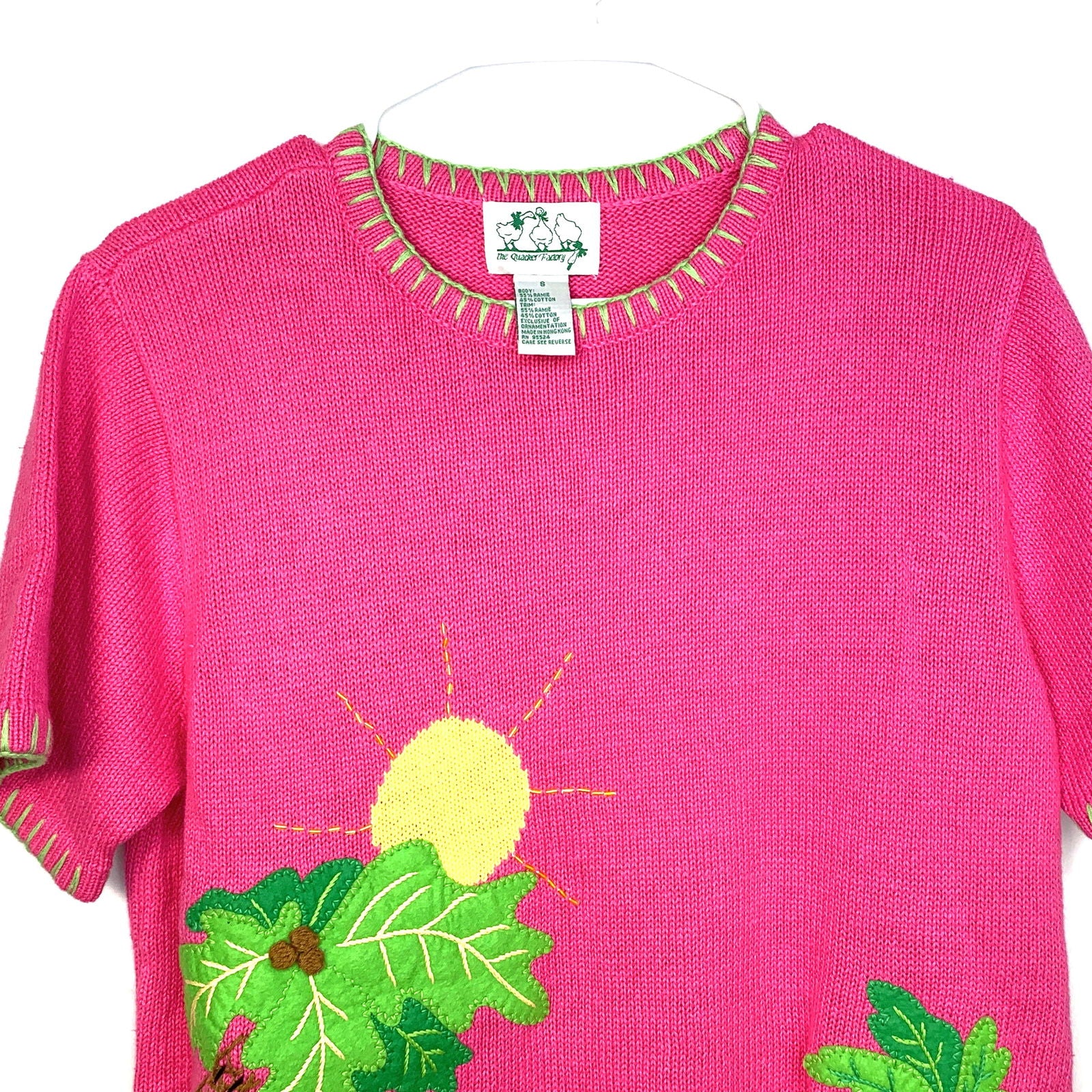Charming Quacker Factory Womens Size Small Short Sleeve Sweater Shirt Pink Flamingos Palm Trees Pre-Owned -  | Buy at Parsimony Shoppes