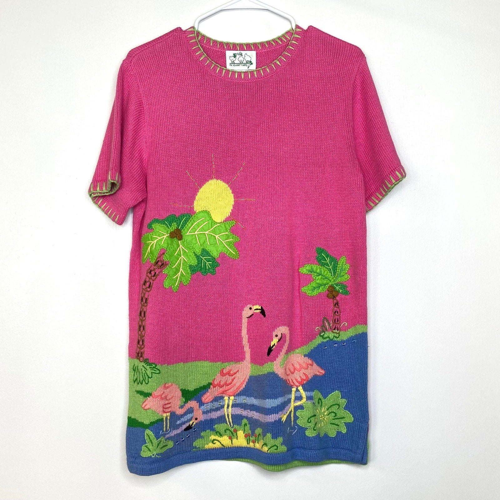 Charming Quacker Factory Womens Size Small Short Sleeve Sweater Shirt Pink Flamingos Palm Trees Pre-Owned -  | Buy at Parsimony Shoppes