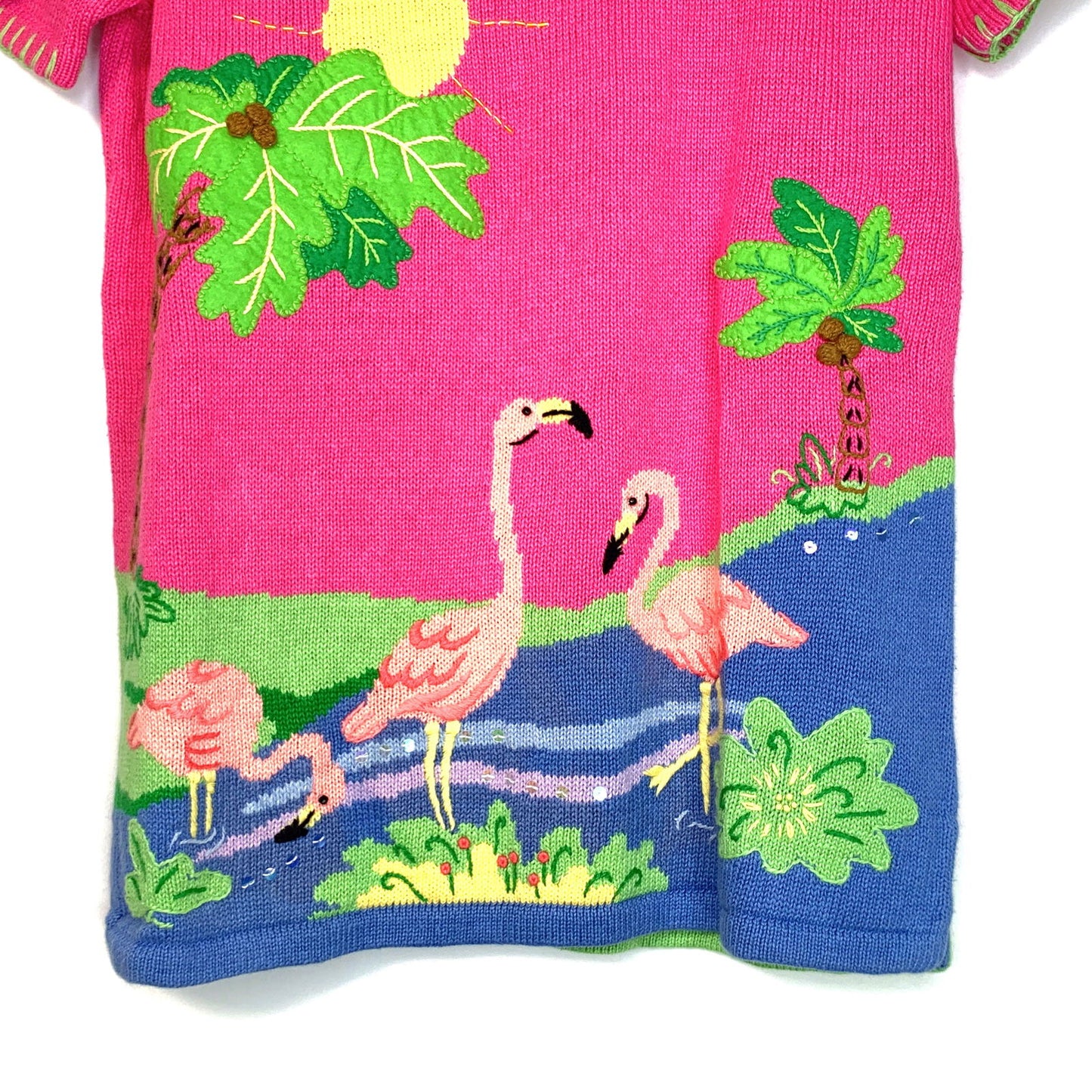Charming Quacker Factory Womens Size Small Short Sleeve Sweater Shirt Pink Flamingos Palm Trees Pre-Owned - | Buy at Parsimony Shoppes