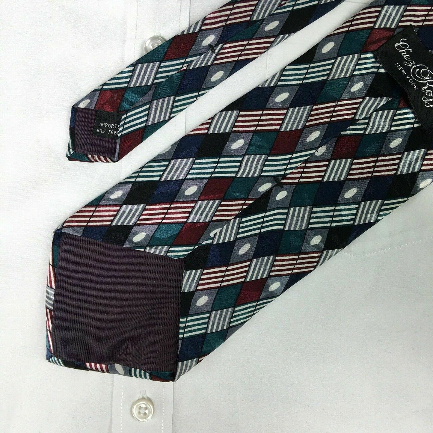 Chez Roffe Mens Multicolor Geometric Print 100% Silk Neck Tie 57” Made In USA - | Buy at Parsimony Shoppes