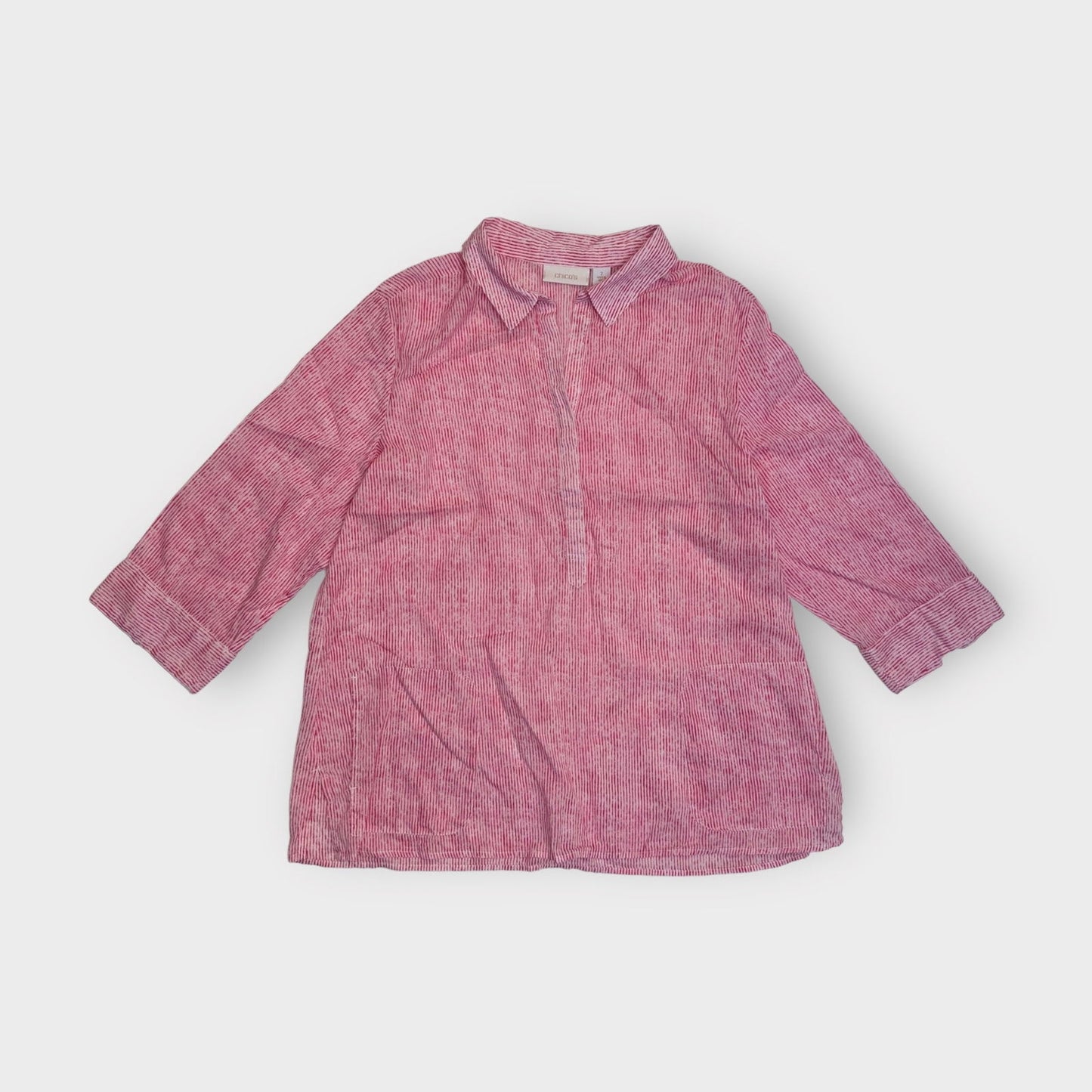 Chicos Linen Top | 2 | Red/White Striped | 3/4 Sleeve Collared | EUC - | Buy at Parsimony Shoppes