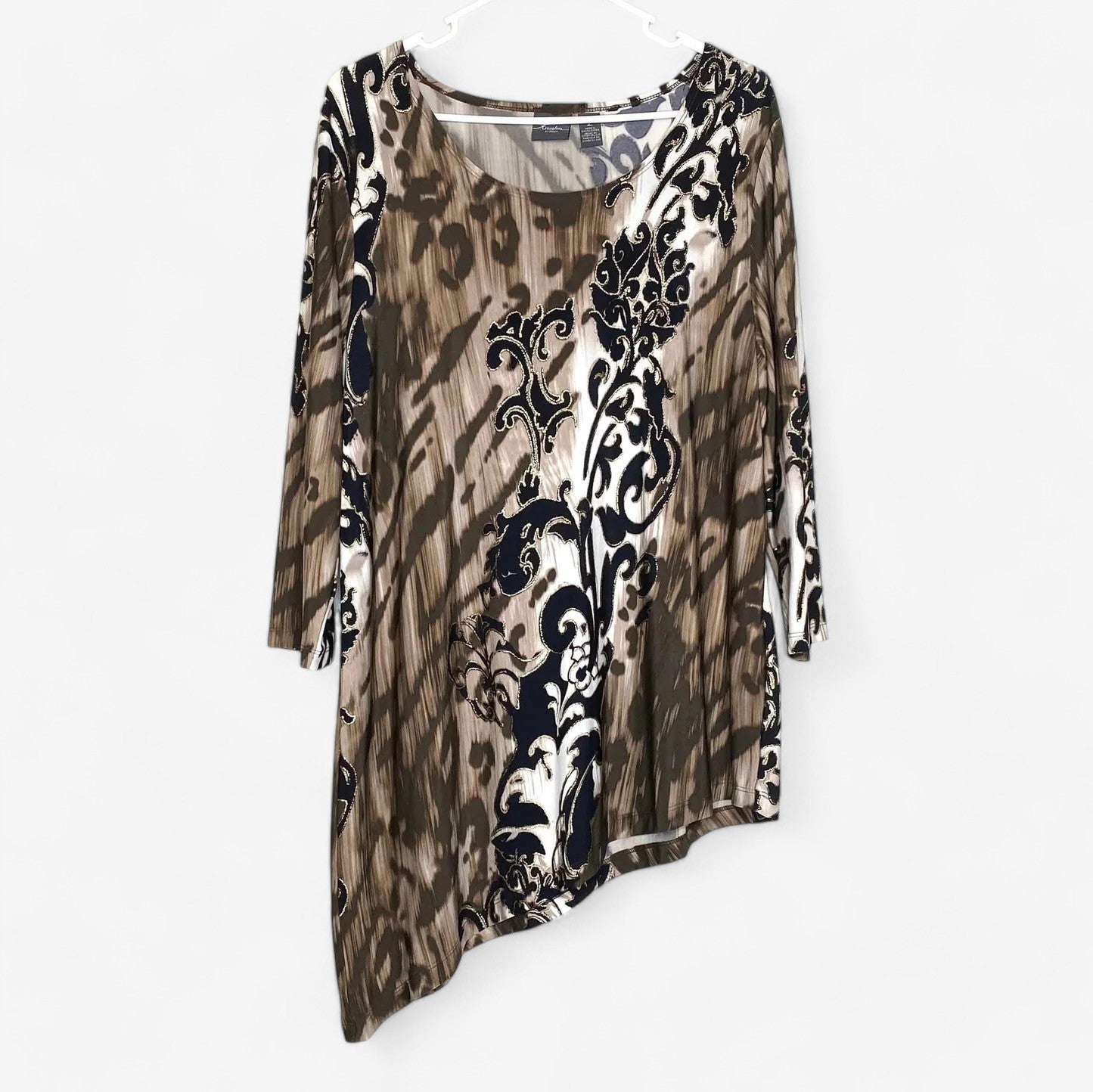 Chico's Travelers Women's Beige & Brown Animal Print Top - Size 2 - ¾ Sleeve