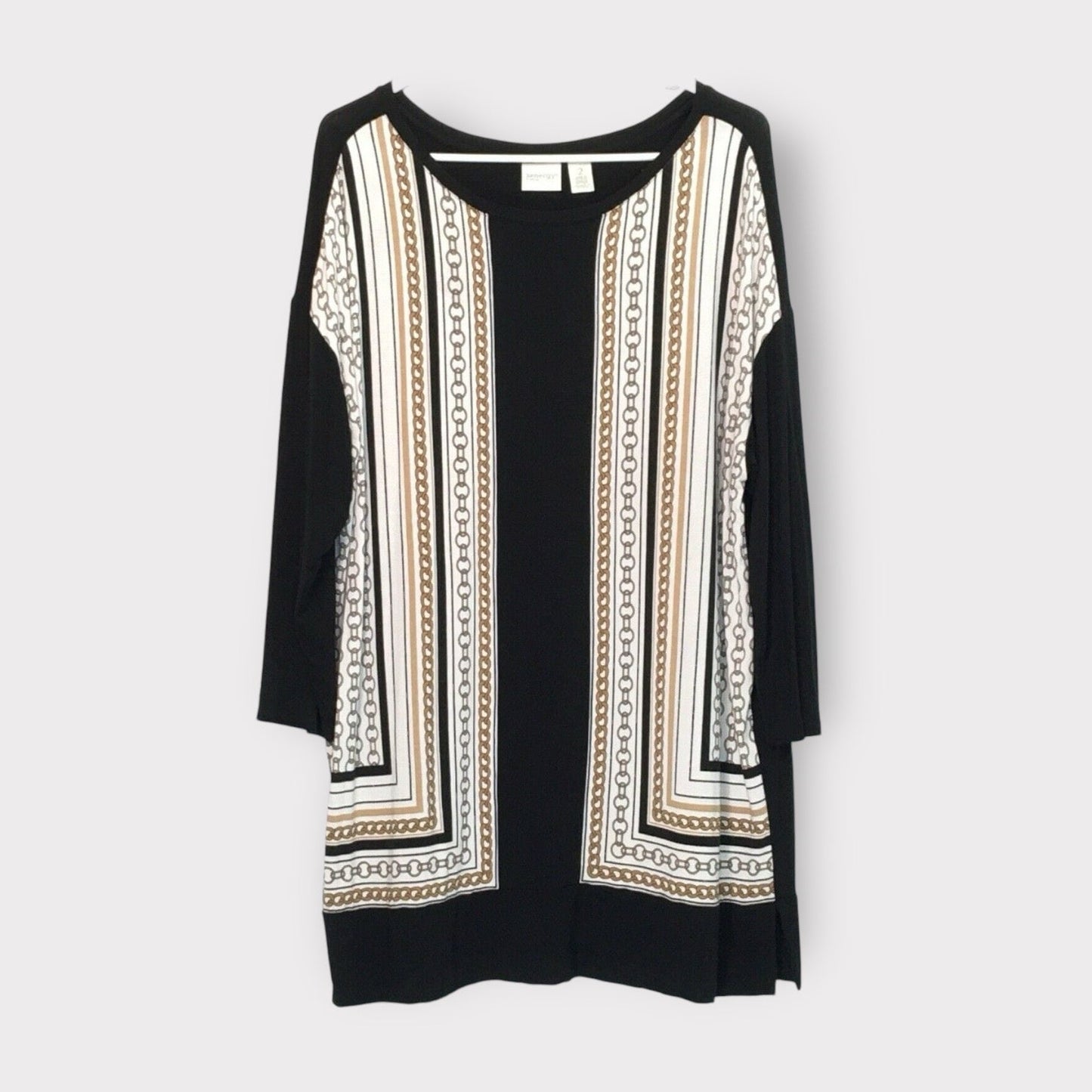 Chicos Zenergy | Size: 2 | Womens 3/4 Sleeve Nautical Gold Chain Tunic Top | Black/White/Gold | EUC - | Buy at Parsimony Shoppes