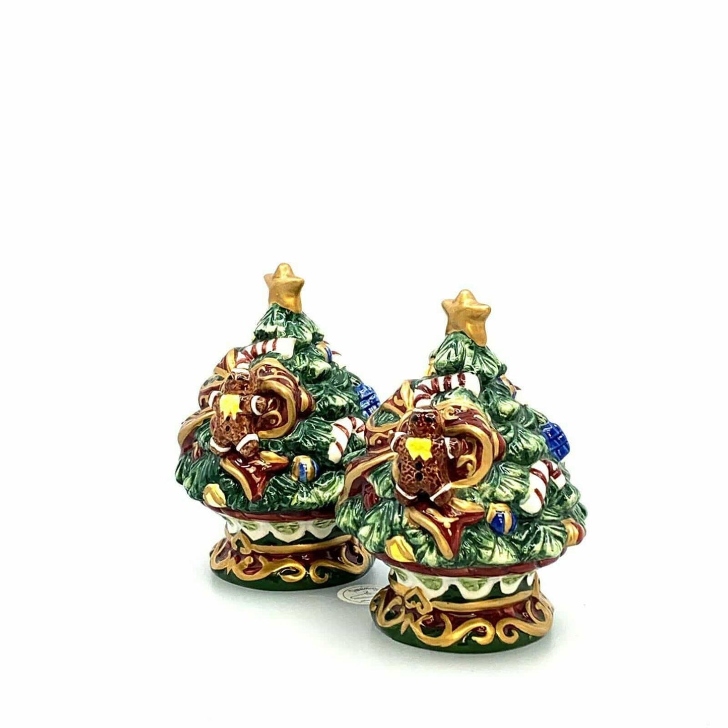 Christmas Tree Red Bow Gingerbread Man Salt Pepper Shakers Set Pair Ceramic - | Buy at Parsimony Shoppes