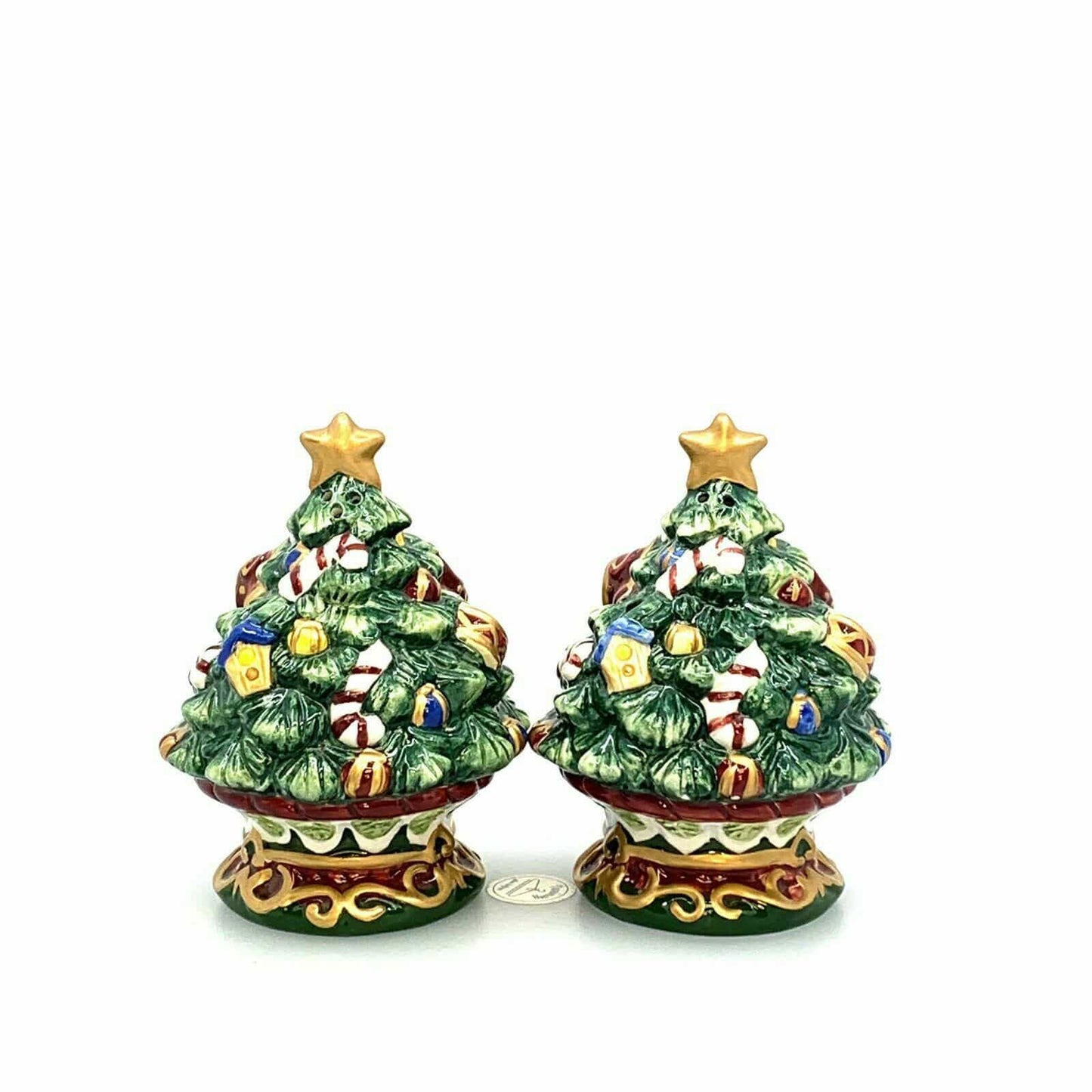 Christmas Tree Red Bow Gingerbread Man Salt Pepper Shakers Set Pair Ceramic - | Buy at Parsimony Shoppes