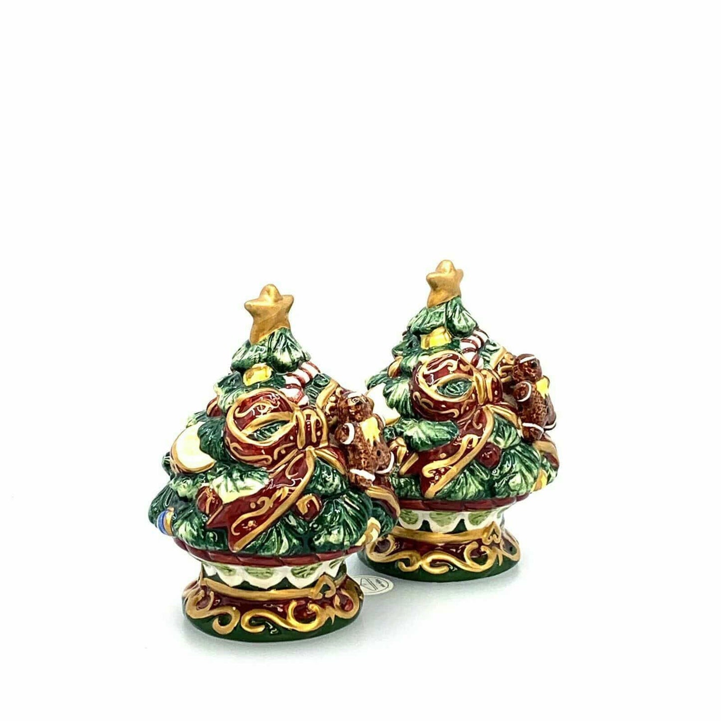 Christmas Tree Red Bow Gingerbread Man Salt Pepper Shakers Set Pair Ceramic - | Buy at Parsimony Shoppes