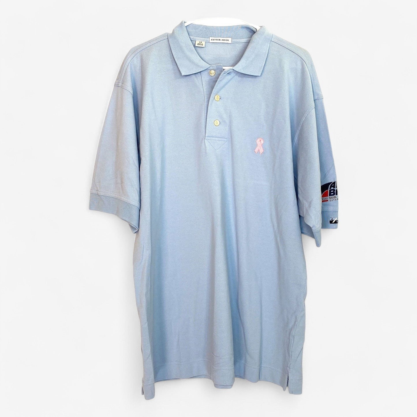 Cutter & Buck Men's Light Blue Golf Polo Shirt with Pink Breast Cancer Ribbon - Size L