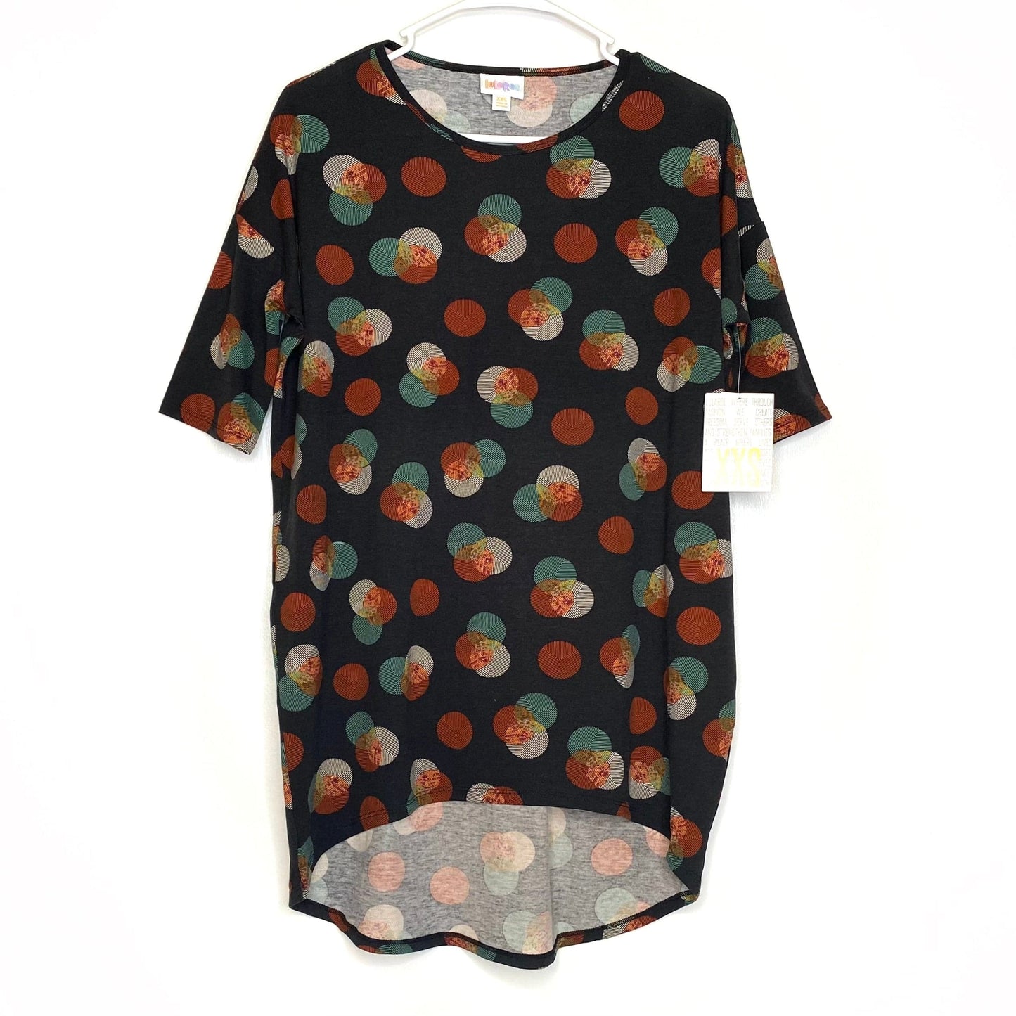 LuLaRoe Womens Size XXS Multicolor/Black Circles IRMA S/s Top NWT