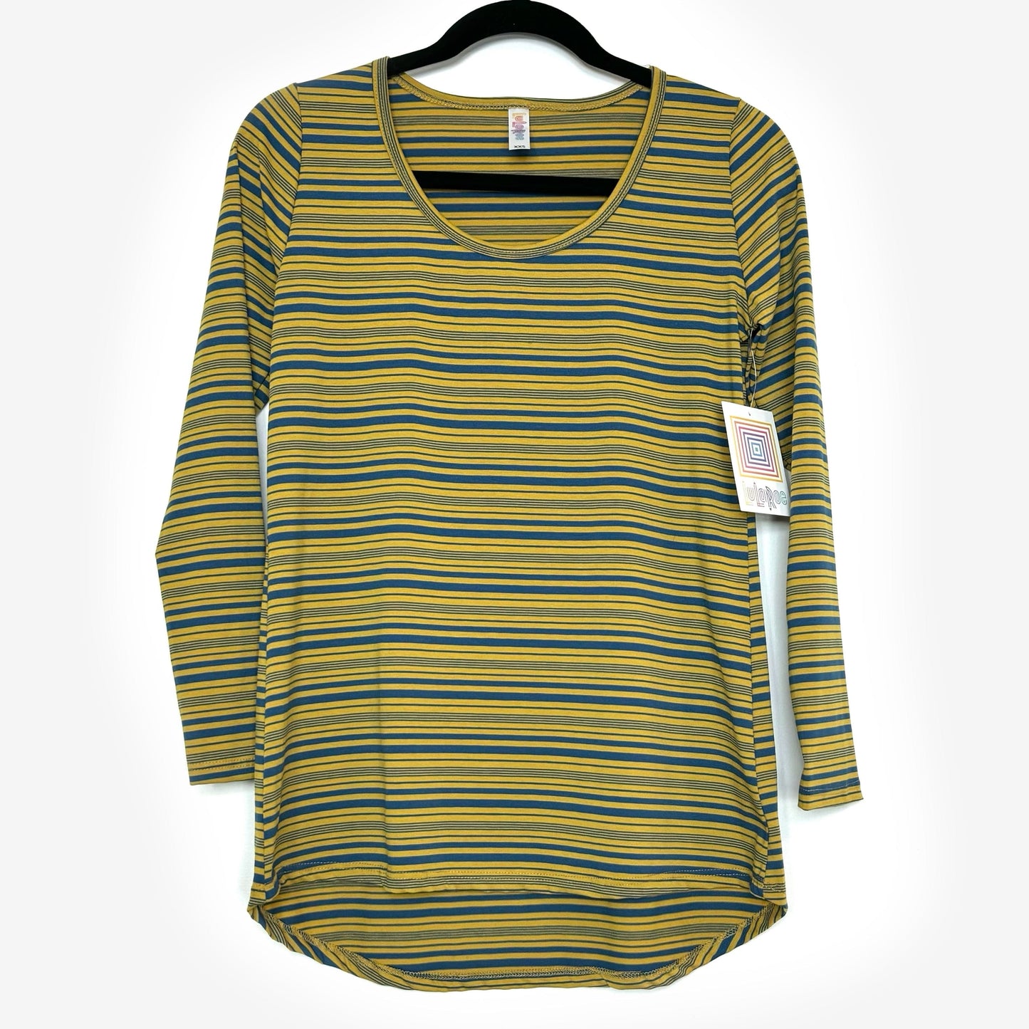 LuLaRoe Vault | Lynnae High-Low L/s Top | Size: XXS (00-0) | Yellow/Blue | Striped | NWT